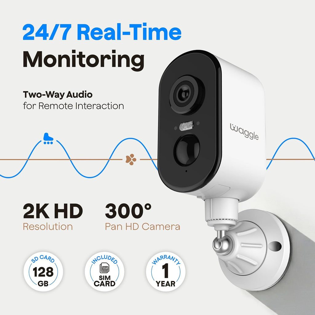 Waggle Pack of 2 4G LTE Security Camera for RV, No Wi-Fi Needed, 2K HD, 300° Pan, 9000mAh Battery, PIR & AI Human Detection, Siren Alarm, Indoor/Outdoor Cam for Camping/Travel, Subscription Required