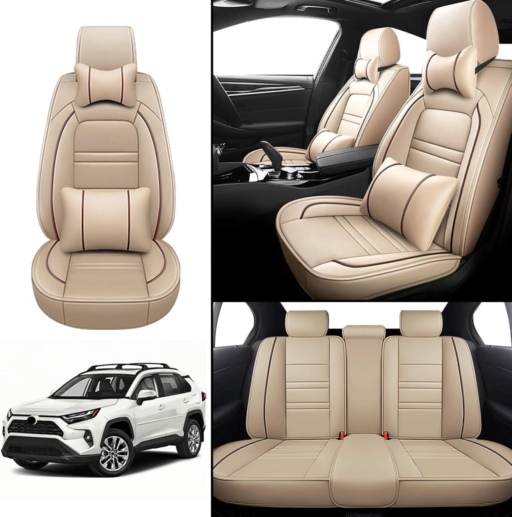 Car Seat Covers for Toyota Rav4 2000-2025 | 5-Seats Seat Covers, Waterproof Seat Protectors, Automotive Seat Covers (Full Set with Pillow,Beige)