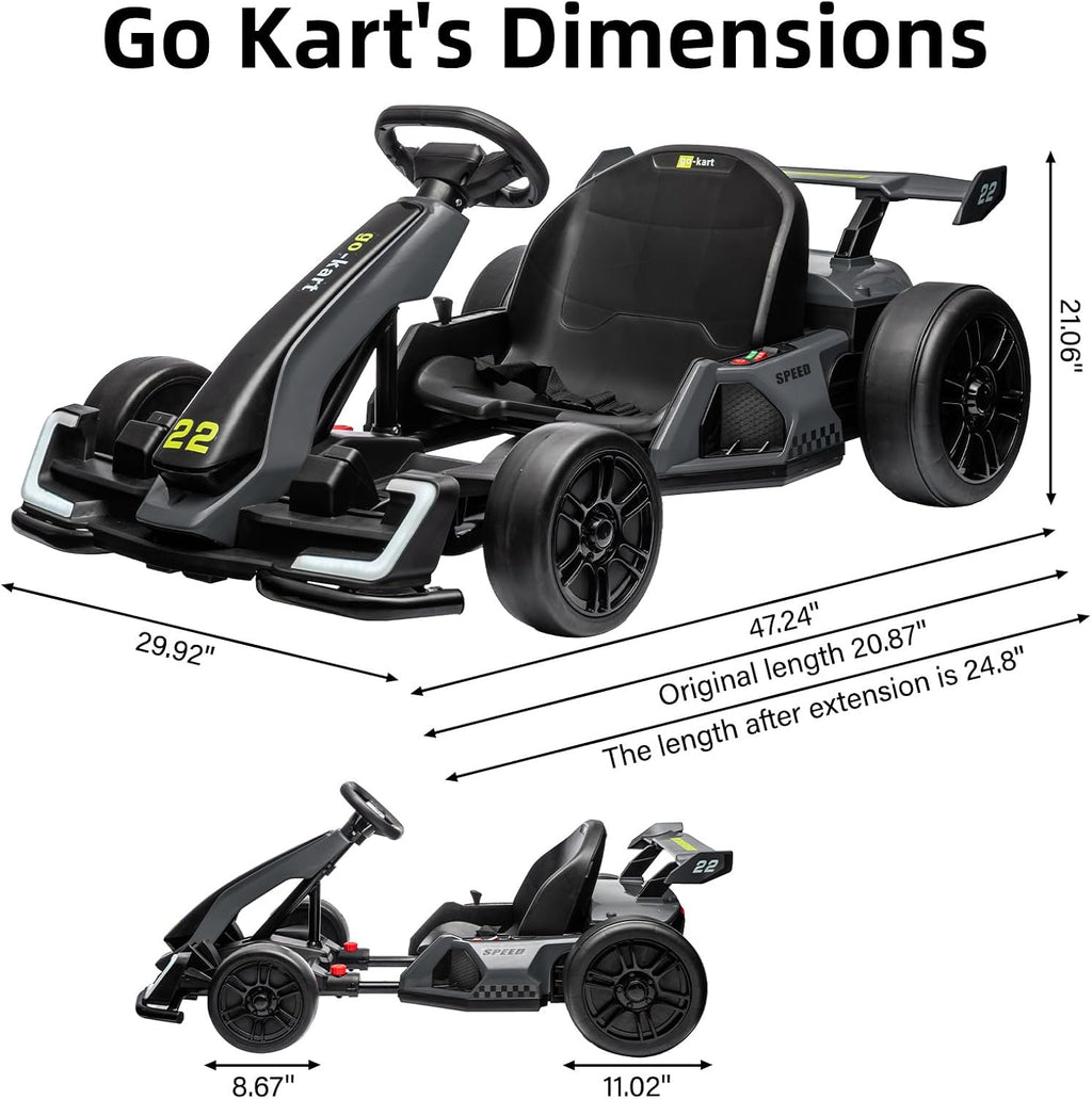 Nasitip 24V Electric Go Kart,300W Powerful Drift Kart for Kids, Electric Pedal Kart,with 300W Strong Motor, Drift/Sport Mode, Big Battery, Eva Tire,Length Adjustmen for Outdoor Racing Toy-Grey