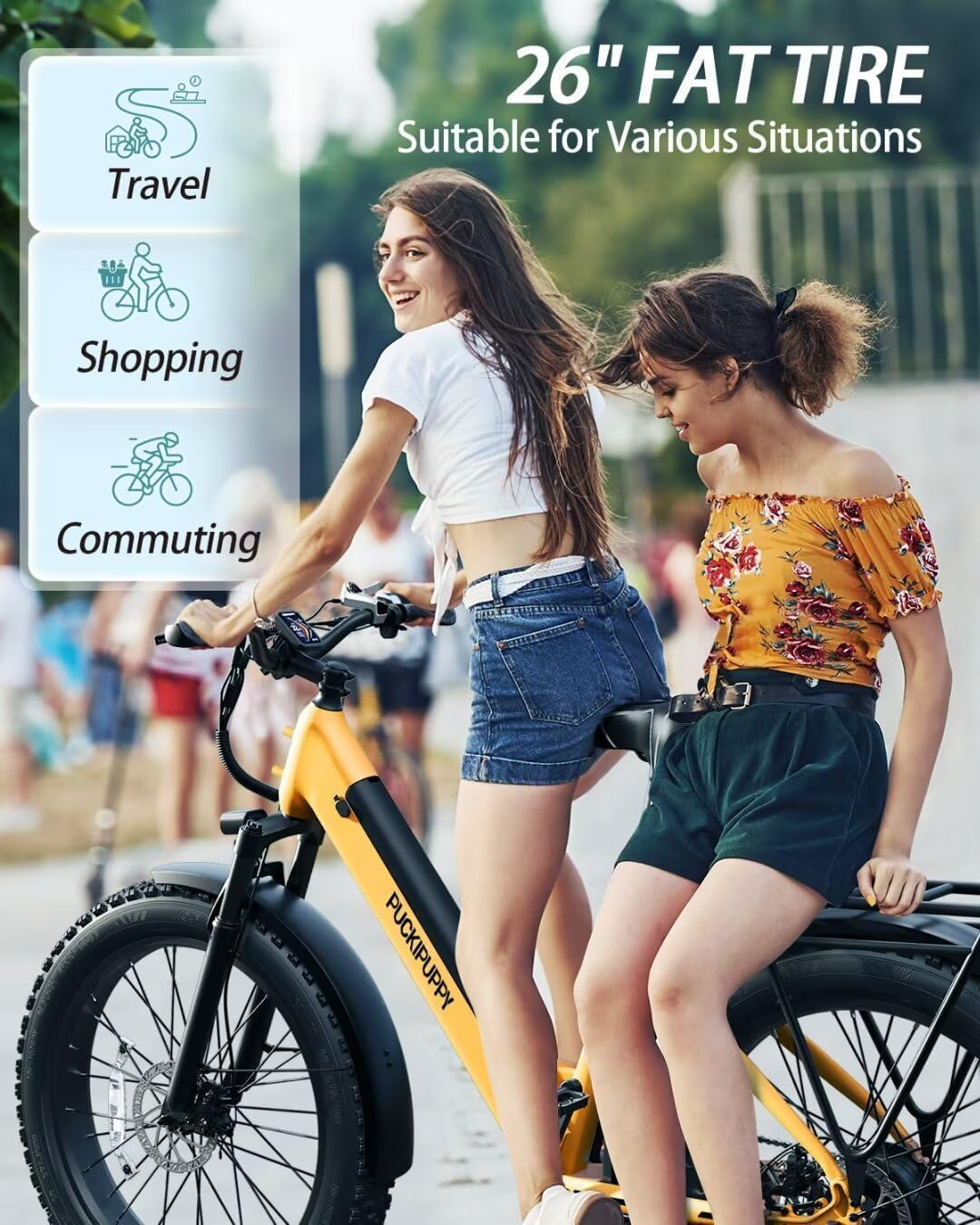 Electric Bike for Adults + A Luxury Accessory Pack , 48V 15AH Removable Battery Electric Bicycle, 28MPH Commuter E-Bike, 7 Speed, 60 Miles Range, All Terrain 26' Fat Tire Front Suspension, Samoyed