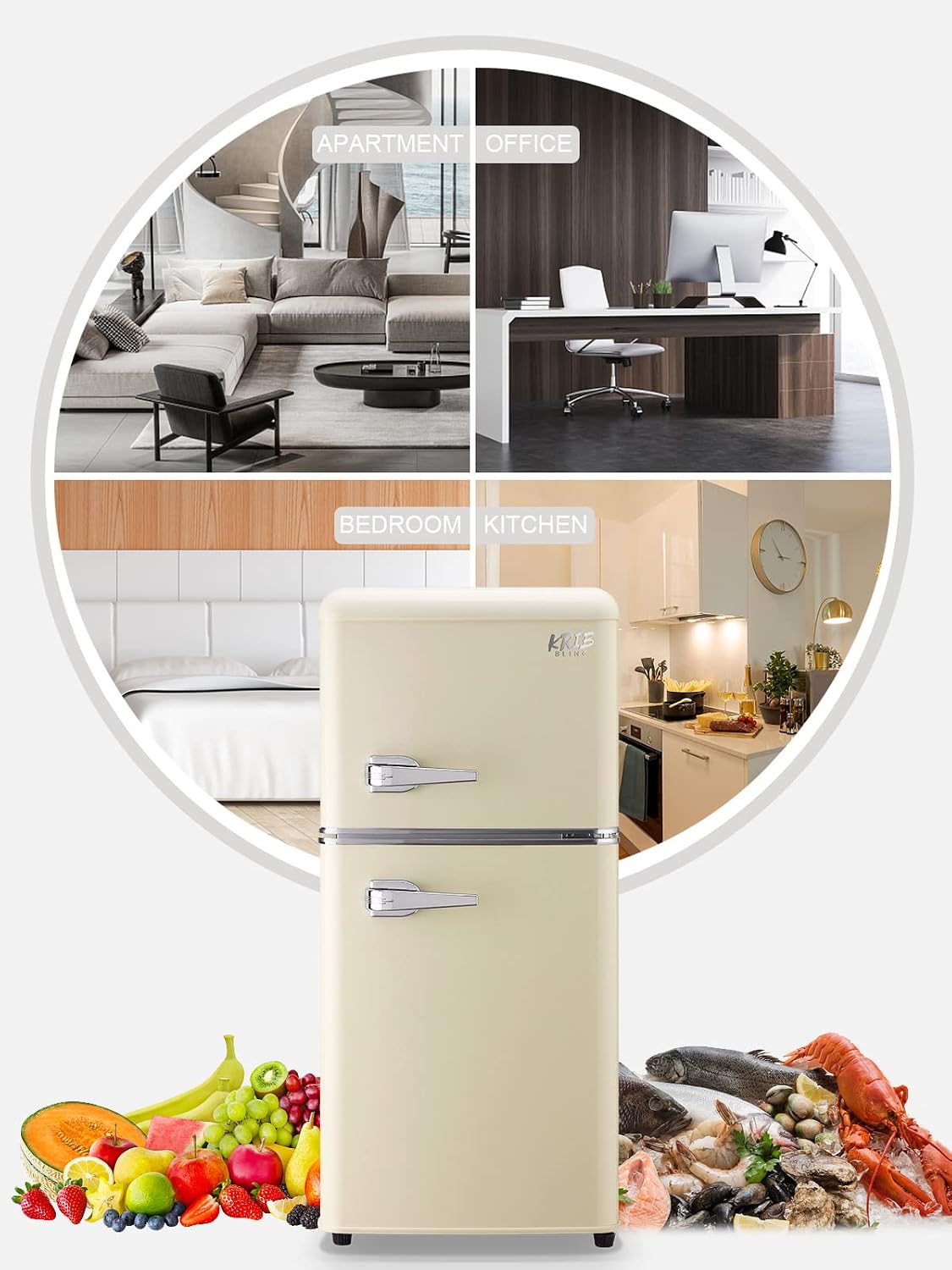 KRIB BLING 3.5 Cu.ft Refrigerators with Freezer, Fridge with 7 Level Temp Adjustable Thermostat, Fridge for Apartment, Office, Basement, Cream