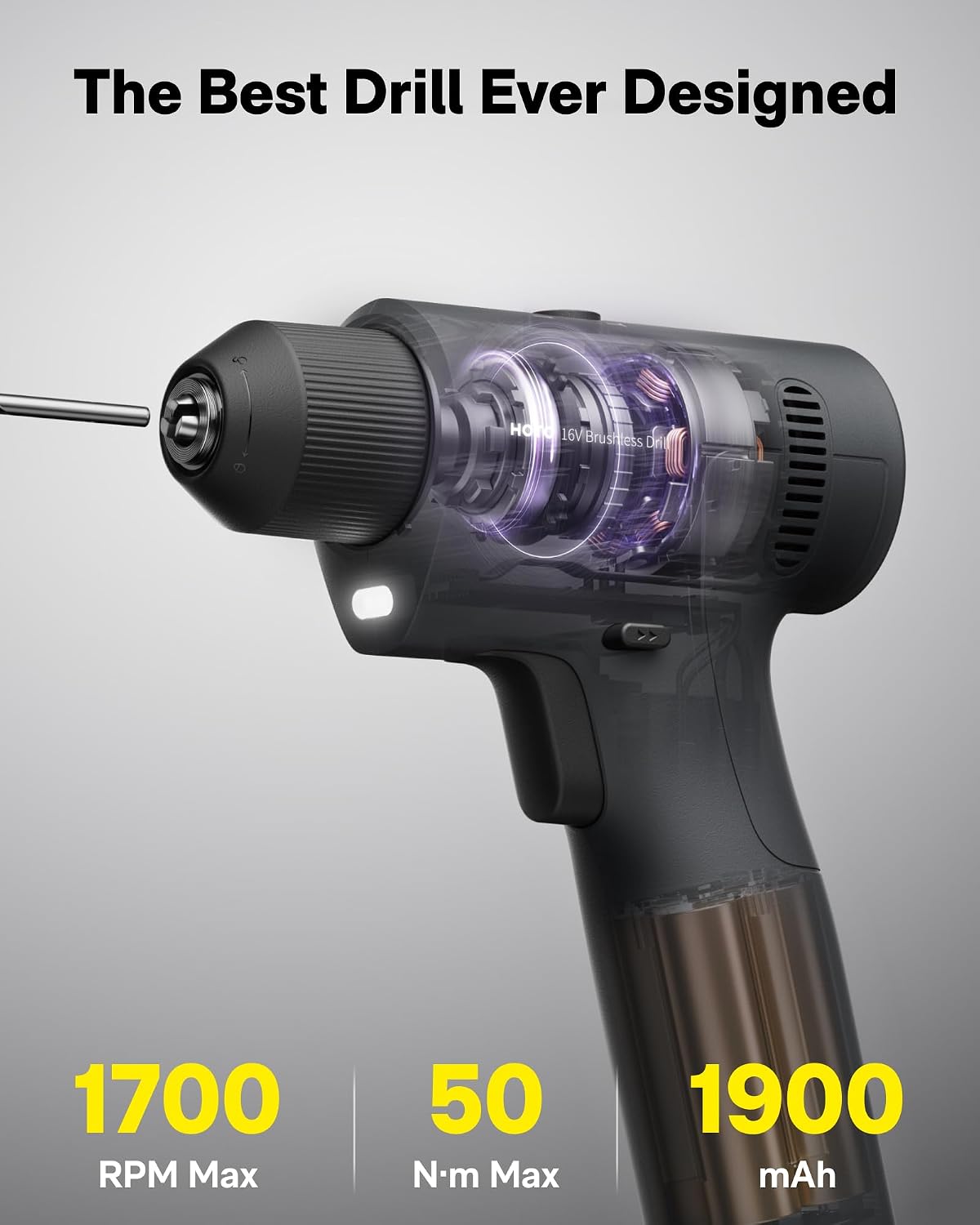 HOTO 25PCS Household Tool Kit with 16V Brushless Drill, 3/8' Keyless Chuck, Smart Display, 50 N·m Torque, 32 Torque Settings, LED Light, Includes Hammer, Wrench, Pliers, 8 x Drill Bits, 10 x Bits