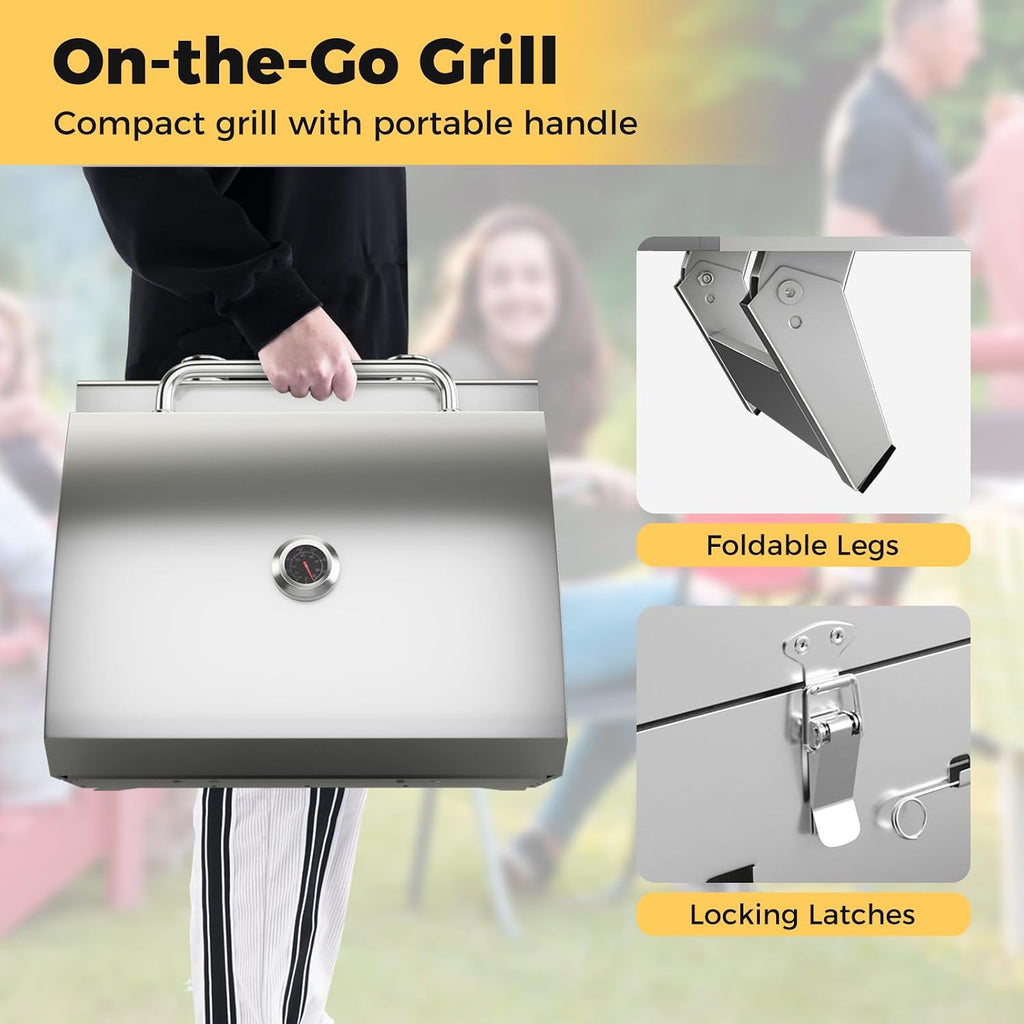 Happygrill Portable Gas Grill Stainless Steel Propane Grill Two-Burner Outdoor BBQ Grill with Foldable Leg for Camping Picnics, 20,000 BTU