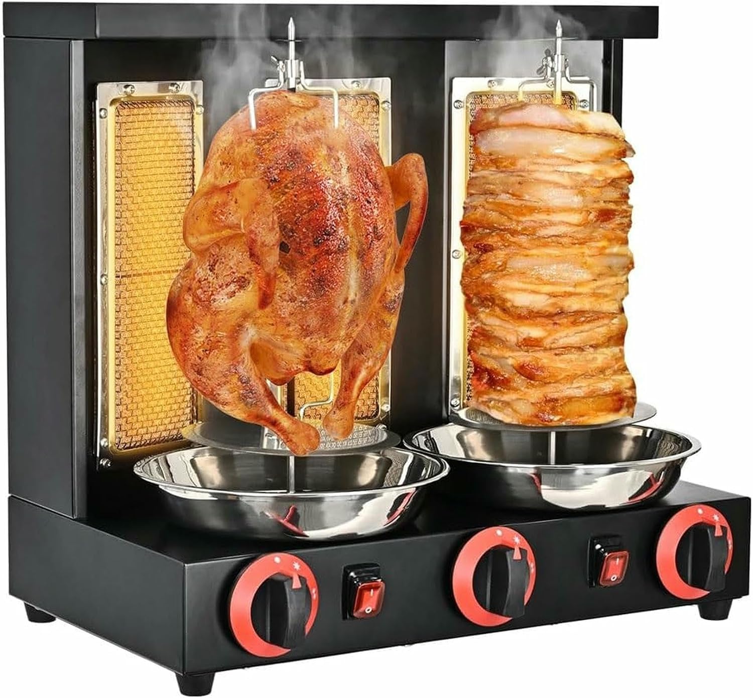 Commercial Vertical Barbecue Grill, 360° Automatic Rotation Gas Rotisserie BBQ Skewer, Stainless Steel Kebab Baking Oven (Black)