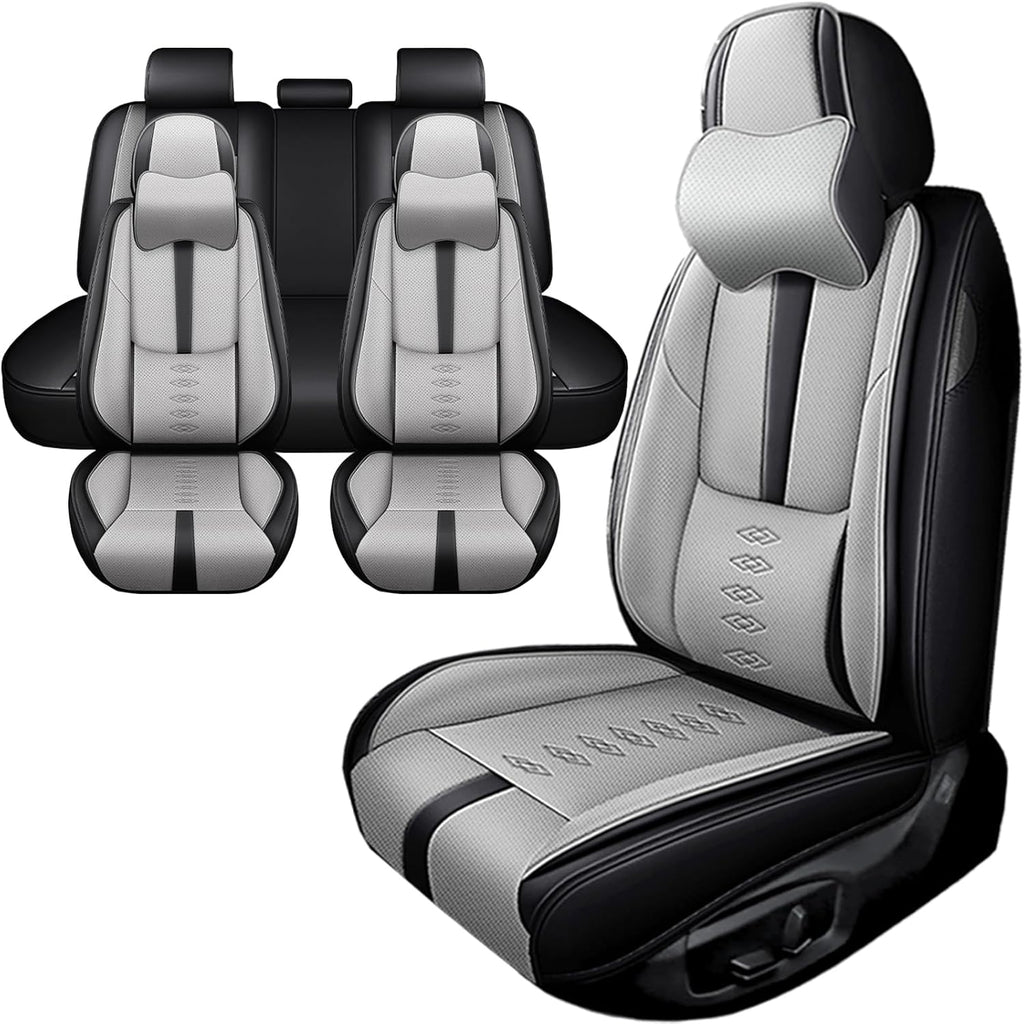 Car Seat Covers for Grand Cherokee L,for Jeep Grand Cherokee L 2021-2024,Leather Full Set Seat Covers,Airbag-Compatible Car Seat Protectors,Waterproof Seat Cover for Cars(Black+Gray,5PCS/With Pillows)