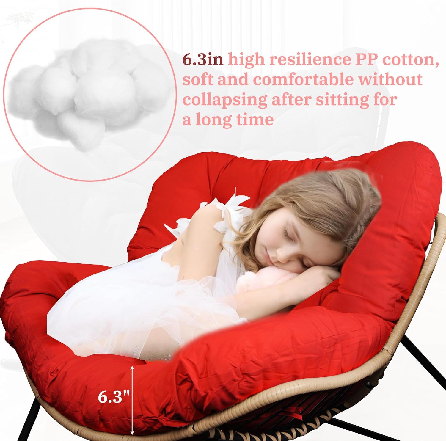 Outdoor Rocking Chair Cushions 6.3' Thick, Only Cushion, Waterproof, Fade-Resistant, Patio Egg Lounge Chair Cushion with 6 Straps, Indoor Papasan Chair Cushion (Red)