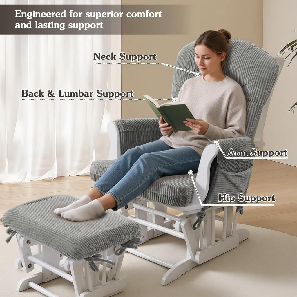 ANMINY 5pcs Glider Rocker Replacement Cushions Set - Thickened Fleece Glider Rocking Chair Cushions with 29.5 inch High Backrest & Side Pockets for Indoor Nursery, Washable & Non Slip, Gray