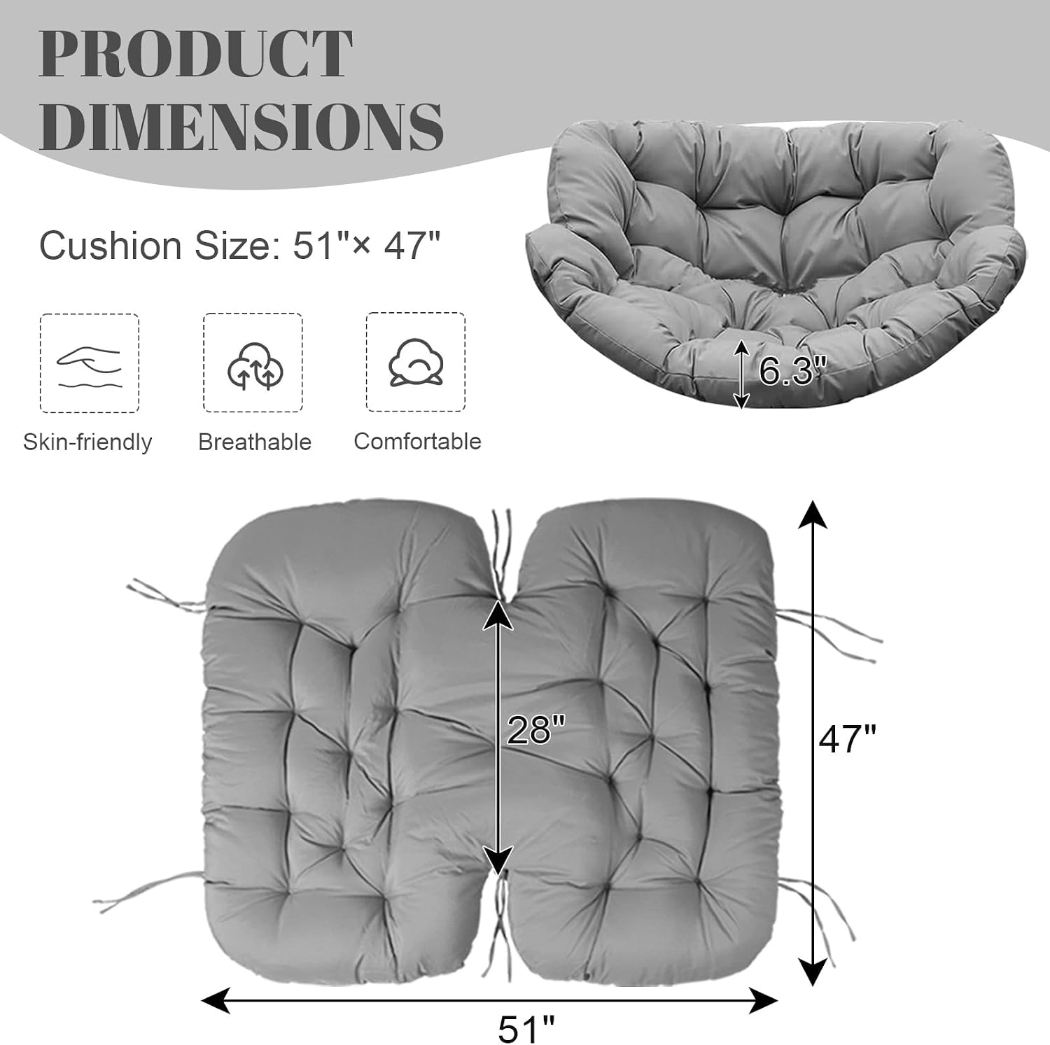 Thickened Waterproof Papasan Rocking Chair Cushion, 6.3'' Patio Egg Chair Pad with Ties, Outdoor/Indoor Rattan Hammock Cushions for Porch, Garden, Balcony(Only cushion no chair) (French Grey)