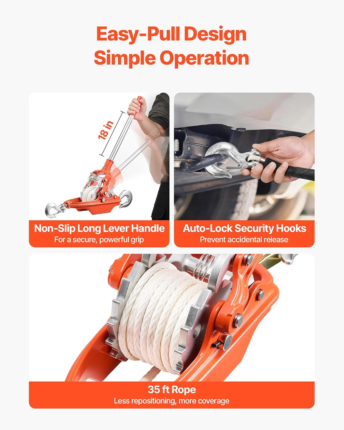 VEVOR Rope Puller, 6614 lbs Pulling Capacity, Heavy Duty Ratchet Power Puller Tool with 35 ft of 0.3 in Diameter Rope & 2 Hooks, Come Along Winch for Tree Felling, Moving Boats, Road Recovery