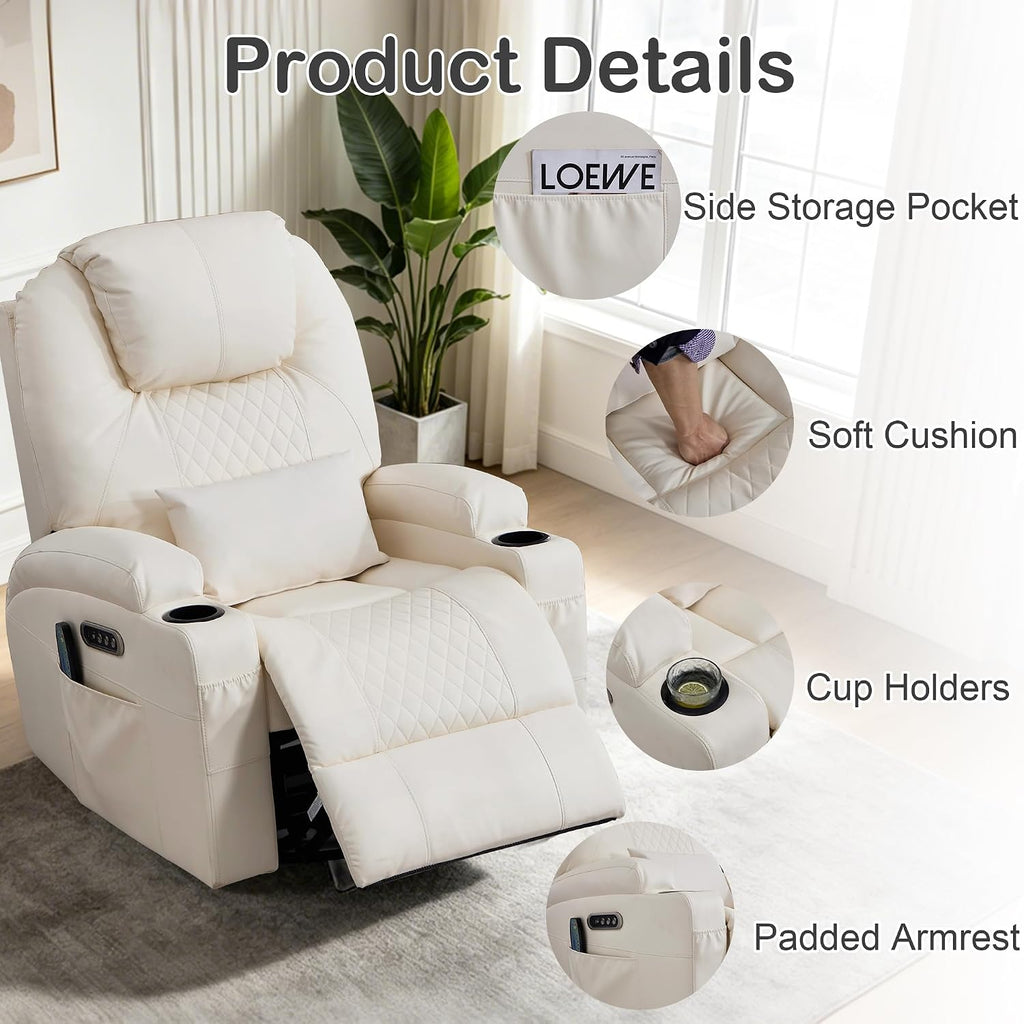 Power Swivel Rocker Recliner with Dual Motor, 240° Electric Glider Recliner with Heat & Massage, Rocking Chair Theater Seating with LED/Lumbar Pillow/USB Port/Cup Holders（Faux Leather Beige, 1）