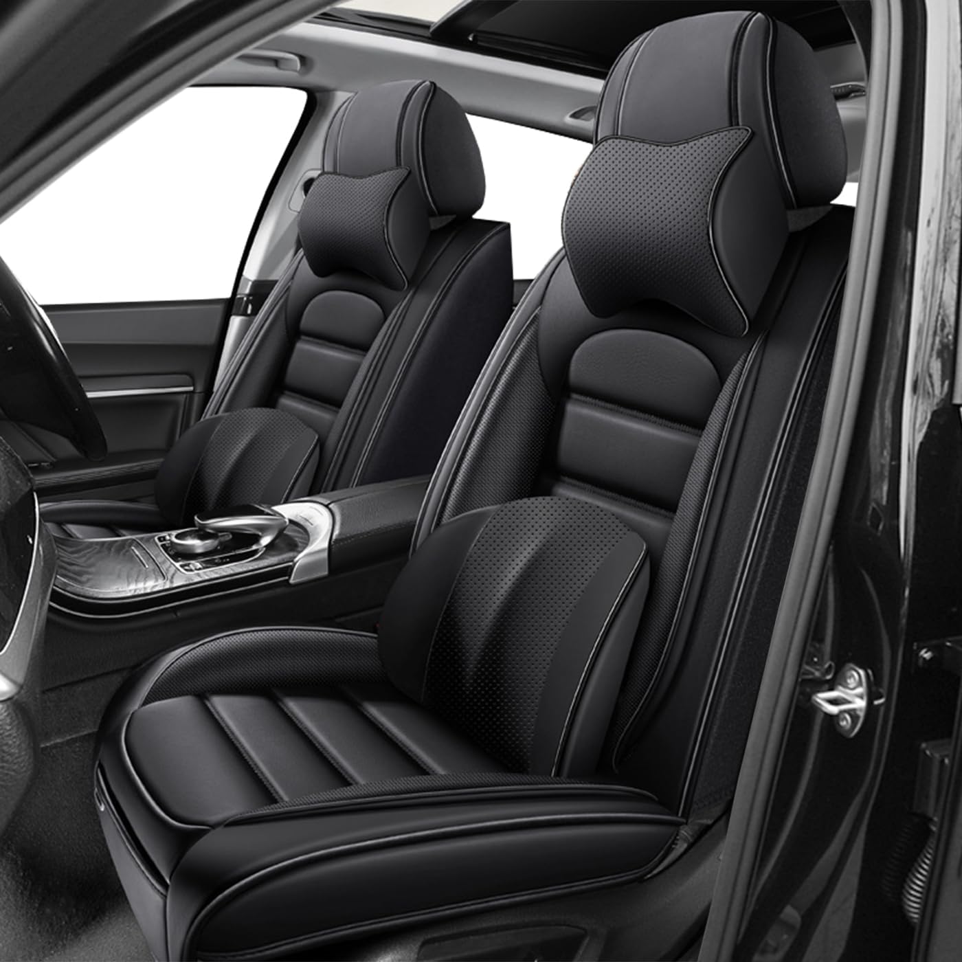 Car Seat Covers for CRV,for Honda CRV 2007-2024 2025,Waterproof Leather Seat Covers,Compatible Airbag,Front Set Comfort Car Seat Protectors for Most Cars(Pillows,Black)
