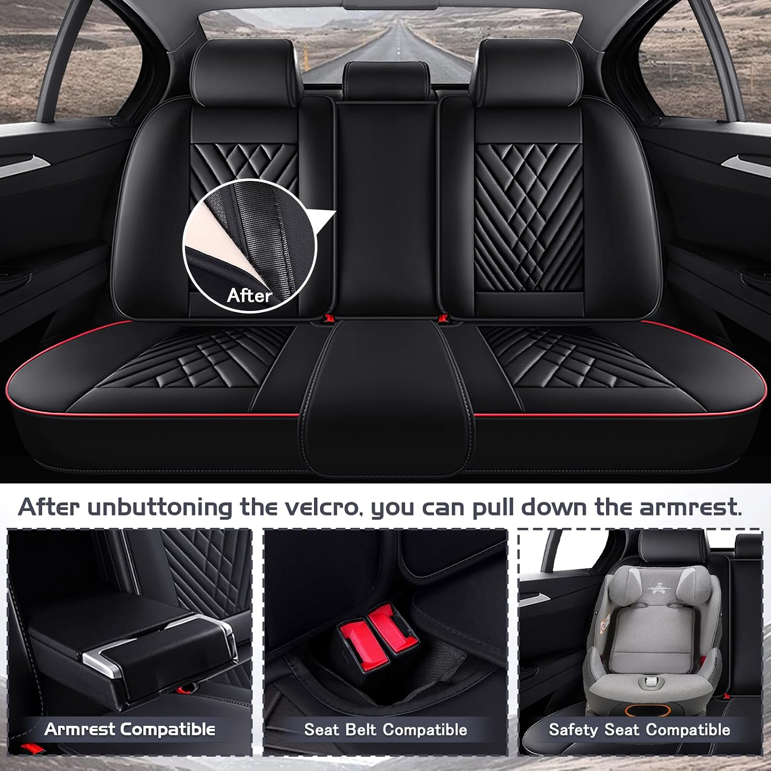 Car Seat Covers for Nissan Rogue 2008-2026, Waterproof Nappa Leather Full Set Seat Cover with Headrests, Anti-Slip and Comfortable Automotive Seat Protector&Accessories(Black Red)