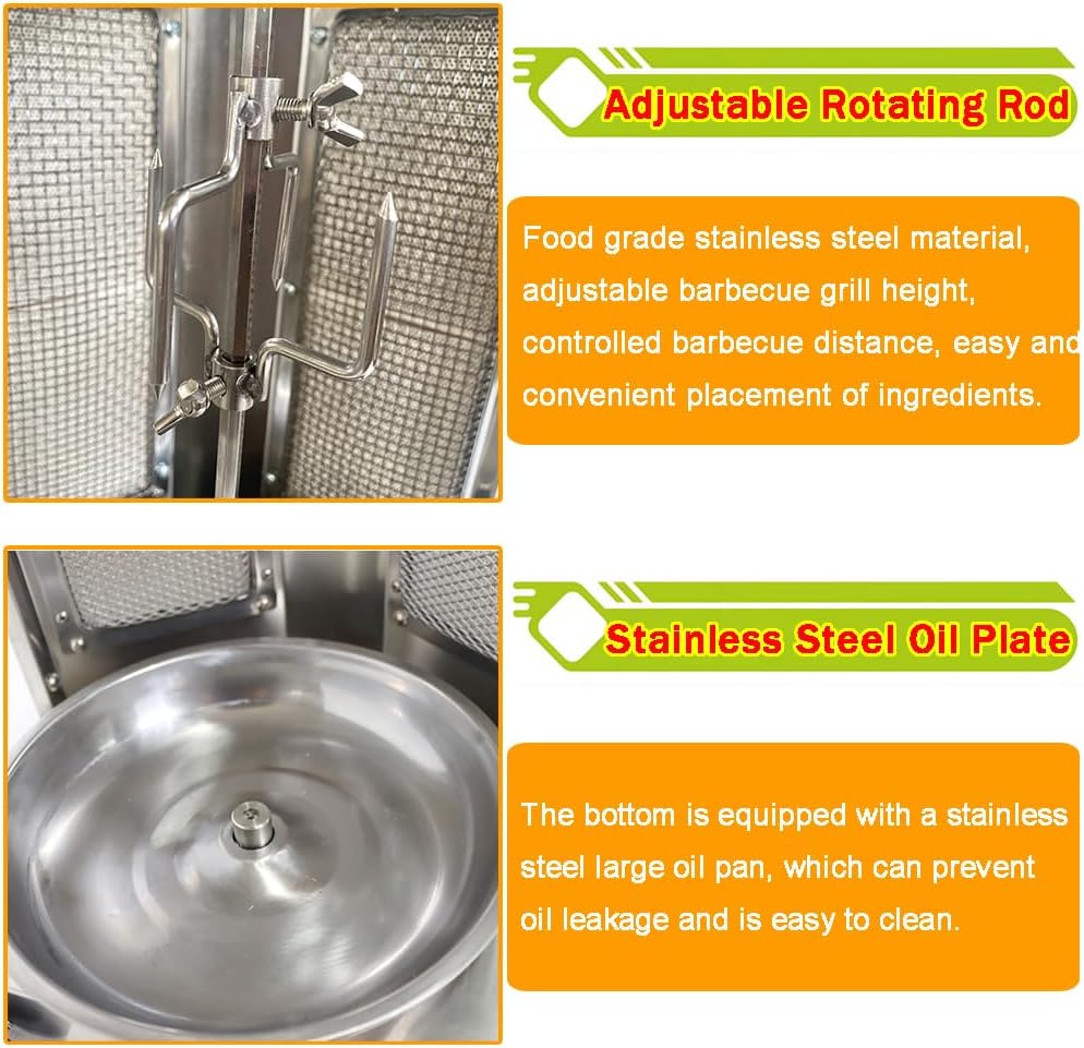 Shawarma Grill Machine Vertical Broiler LP Gas Turkish Barbecue Shawarma Rotisserie Countertop Rotating Doner Kebab Gyro Grill Oven with 2 Burners for Home Kitchen Restaurant Party