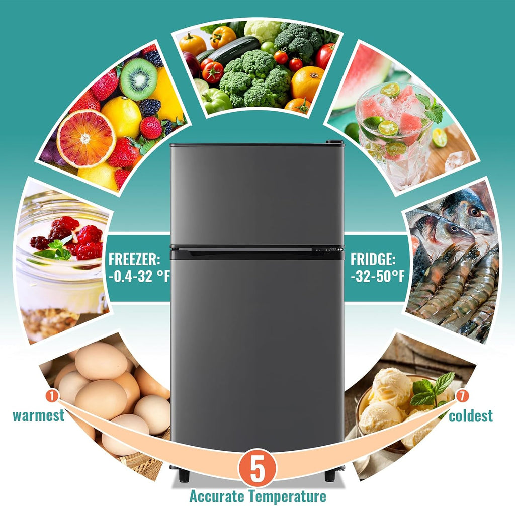 WANAI 3.5 Cu.Ft Mini Fridge with Freezer, Compact Refrigerator for Office, Dorm, Apartment, 7-Level Adjustable Thermostat, 2 Removable Shelves and Bakset, Small Fridge in Dark Gray