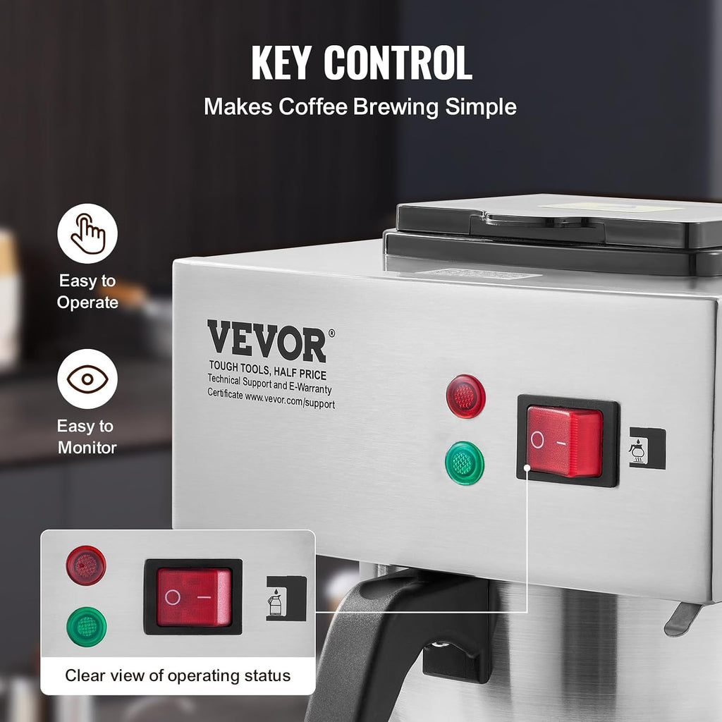 VEVOR 12 Cups Commercial Drip Coffee Maker, Coffee Maker Machine with 3 Glass Carafes and 3 Warmer Plates, Stainless Steel Pour Over Coffee Brewer for Restaurant, Office, Cafe