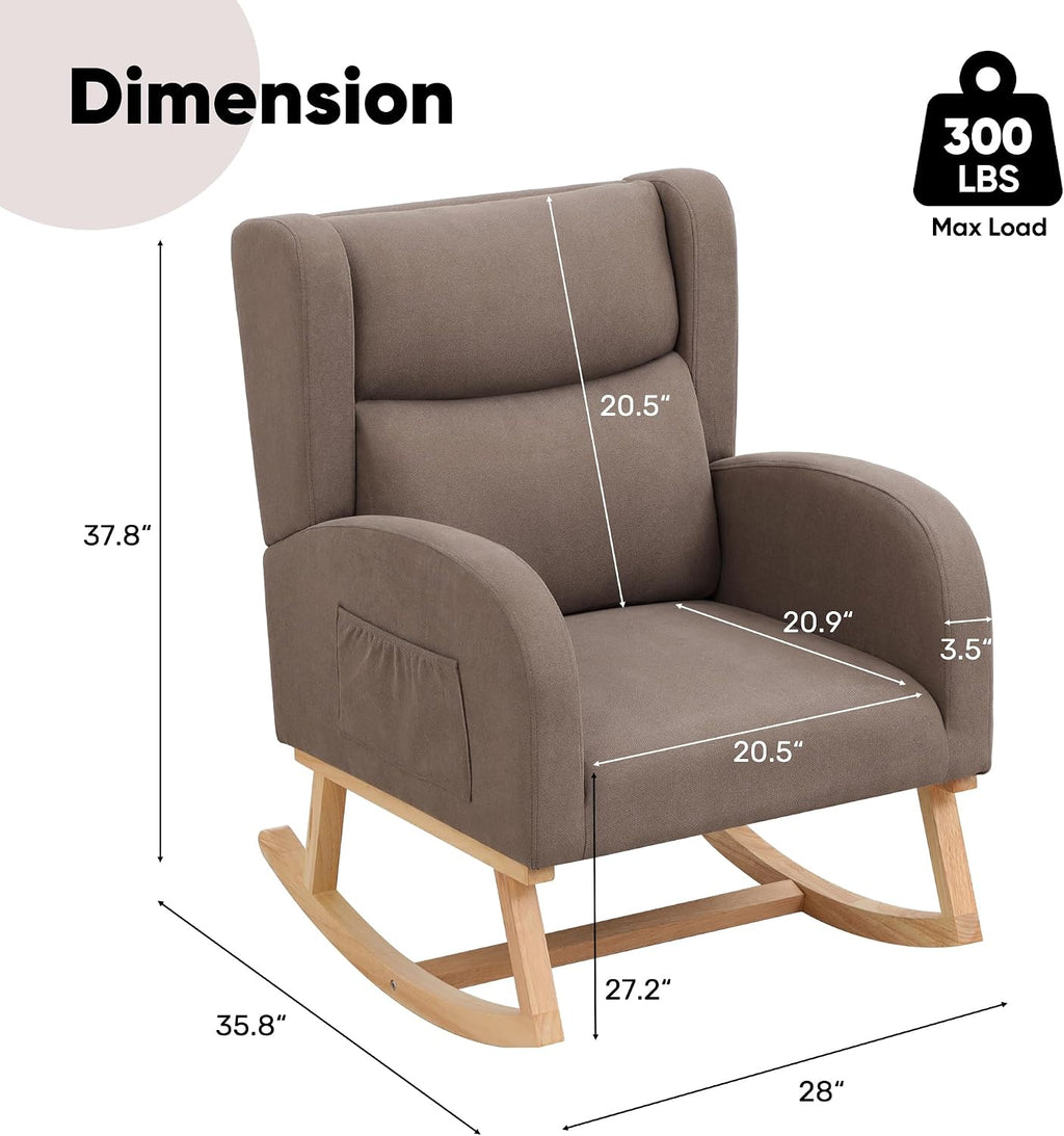 HCHAIRH Nursery Rocking Chair,Linen Upholstered Nursery Rocking Chairs,Wingback Rocker for Nursery for Living Room Bedroom(Linen Brown)