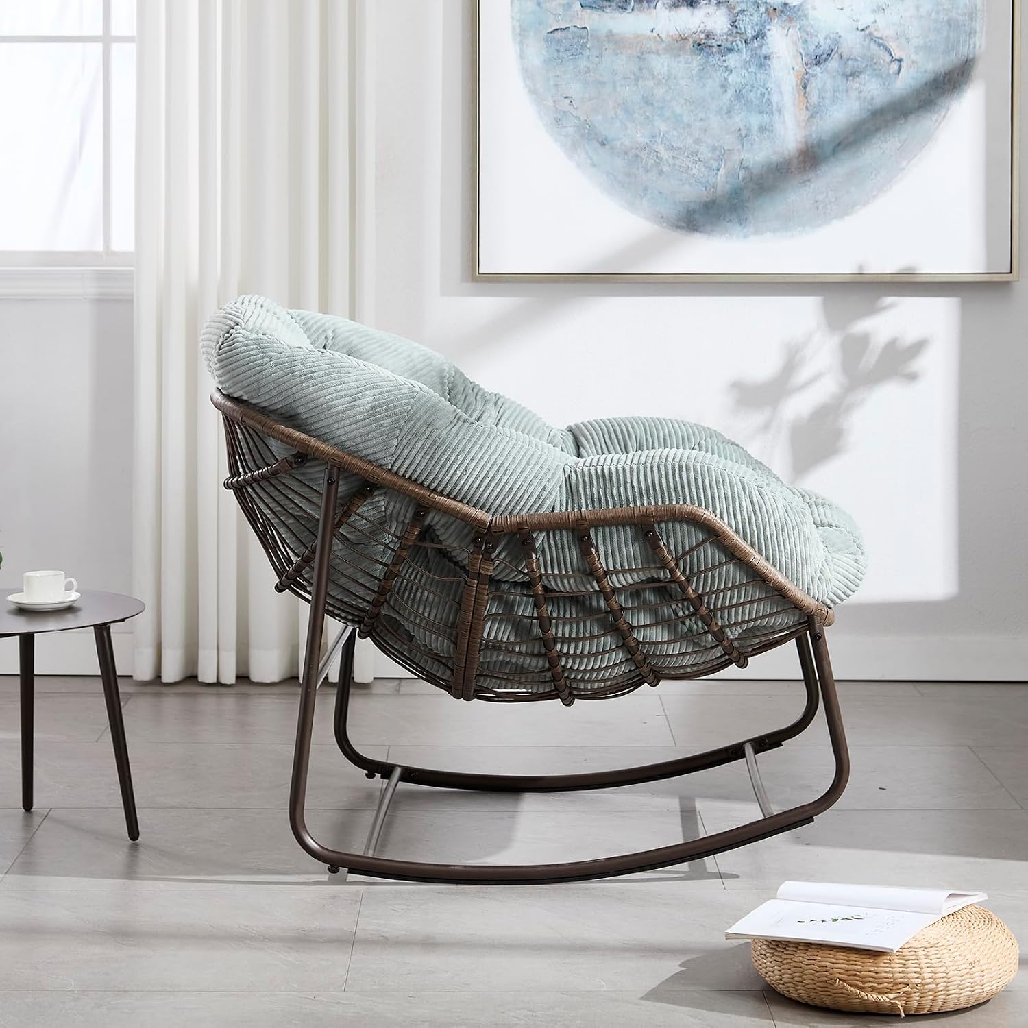 Rattan Rocking Chair for Indoor Outdoor Patio Oversized Wicker Egg Chair with Steel Frame Corduroy Padded Cushion Rocker Recliner Chair Comfy Lounger Papasan Chair for Living Room Garden, Light Green