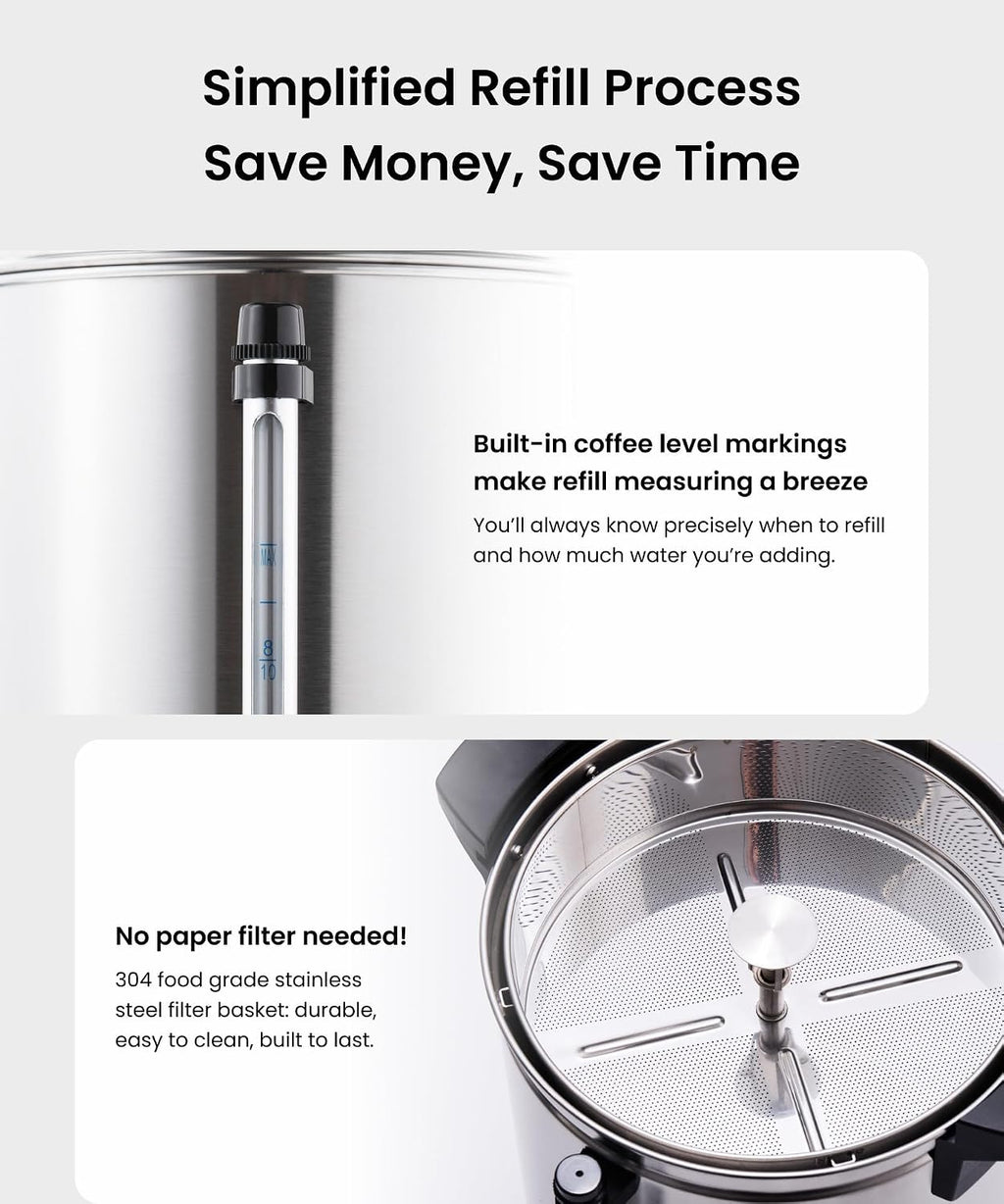 SYBO SR-CP Commercial Grade Stainless Steel Percolate Coffee Maker Hot Water Urn for Catering, 120-Cup 18 L, Metallic