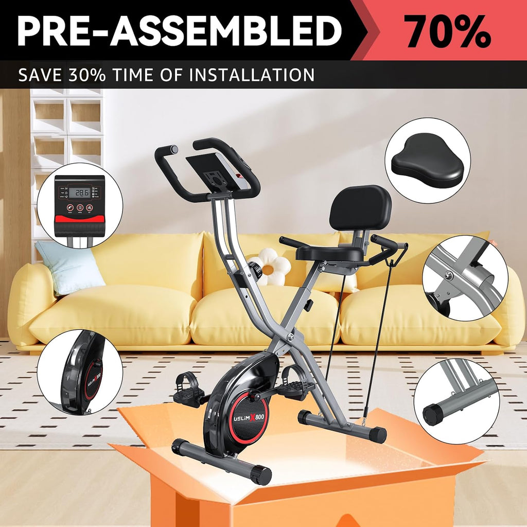 USLIM Foldable Exercise Bike Stationary Bikes for Home, 5 IN 1 Indoor Workout Bike, Cycling Bike with 16-Level Quiet Magnetic Resistance, 6.6 LBS Flywheel and 300LBS Capacity for Senior and Home Workout