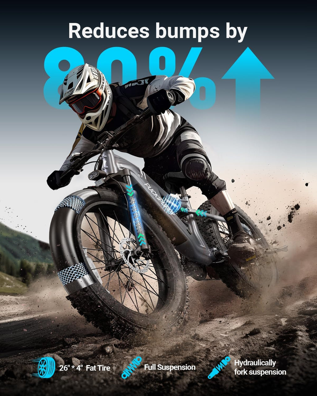 PUCKIPUPPY Electric Bike for Adults 28 MPH, 750W | 1350W Peak, Torque Sensor, 80 Miles Range, 26'x4' Fat Tire Electric Dirt Bike, Full Suspension Electric Mountain Bike, 8 Speed Ebike Labrador Pro
