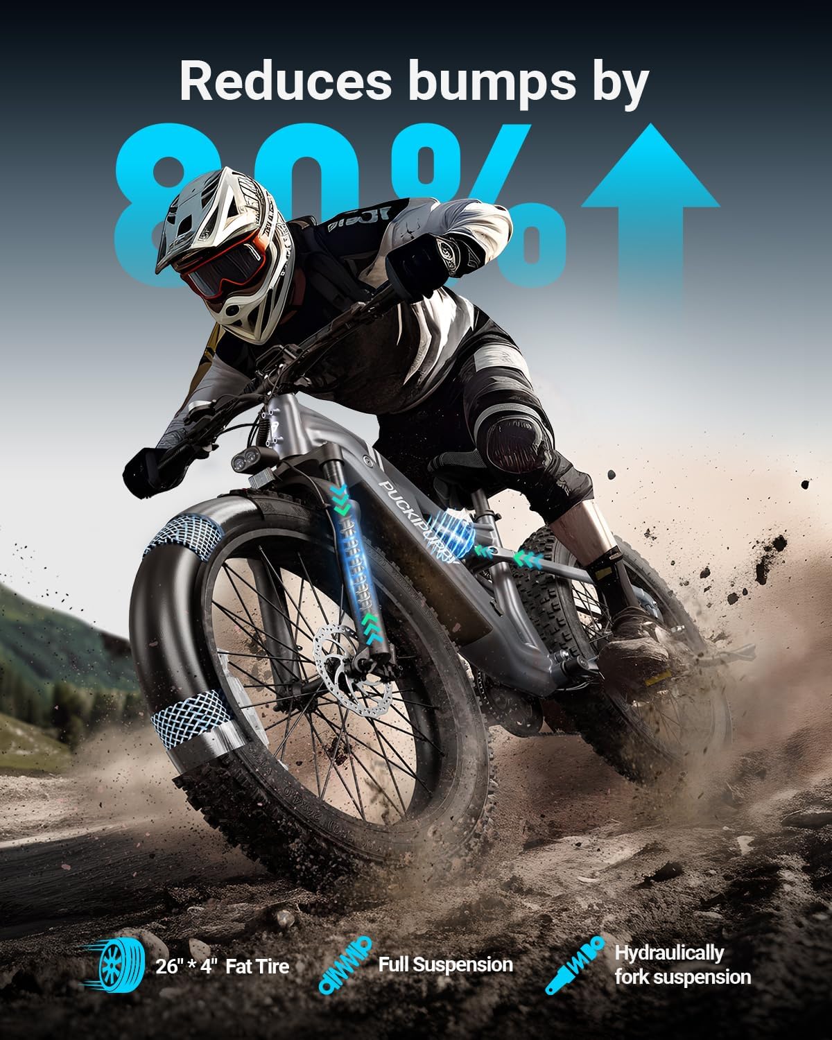 PUCKIPUPPY Electric Bike for Adults 28 MPH, 750W | 1350W Peak, Torque Sensor, 80 Miles Range, 26'x4' Fat Tire Electric Dirt Bike, Full Suspension Electric Mountain Bike, 8 Speed Ebike Labrador Pro