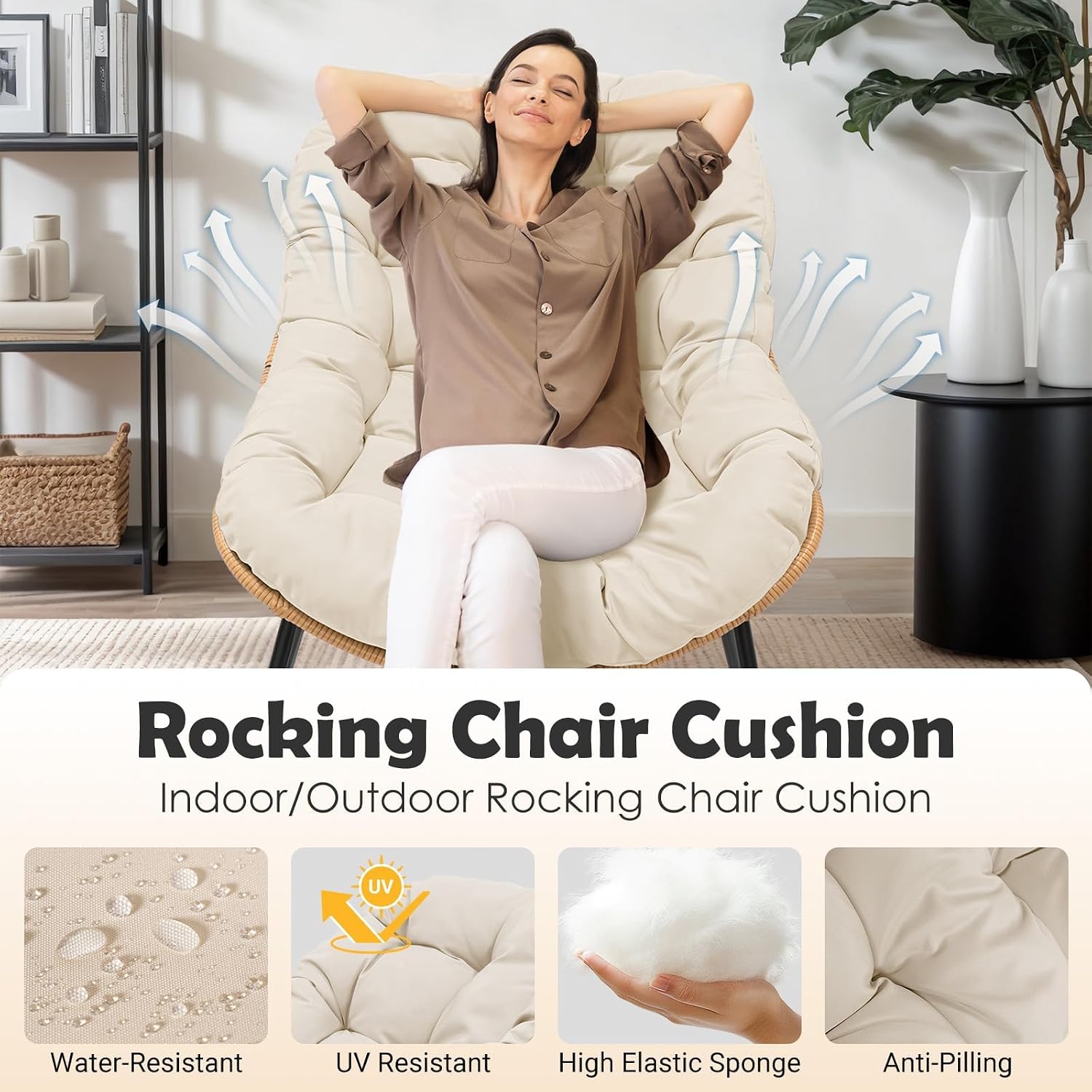 PROHIKER Outdoor Papasan Rocking Chair, Indoor Egg Rocking Chair with Thick Cushion, Oversized Wicker Rattan Patio Lounge Chairs for Backyard, Balcony, Living Room (Beige)