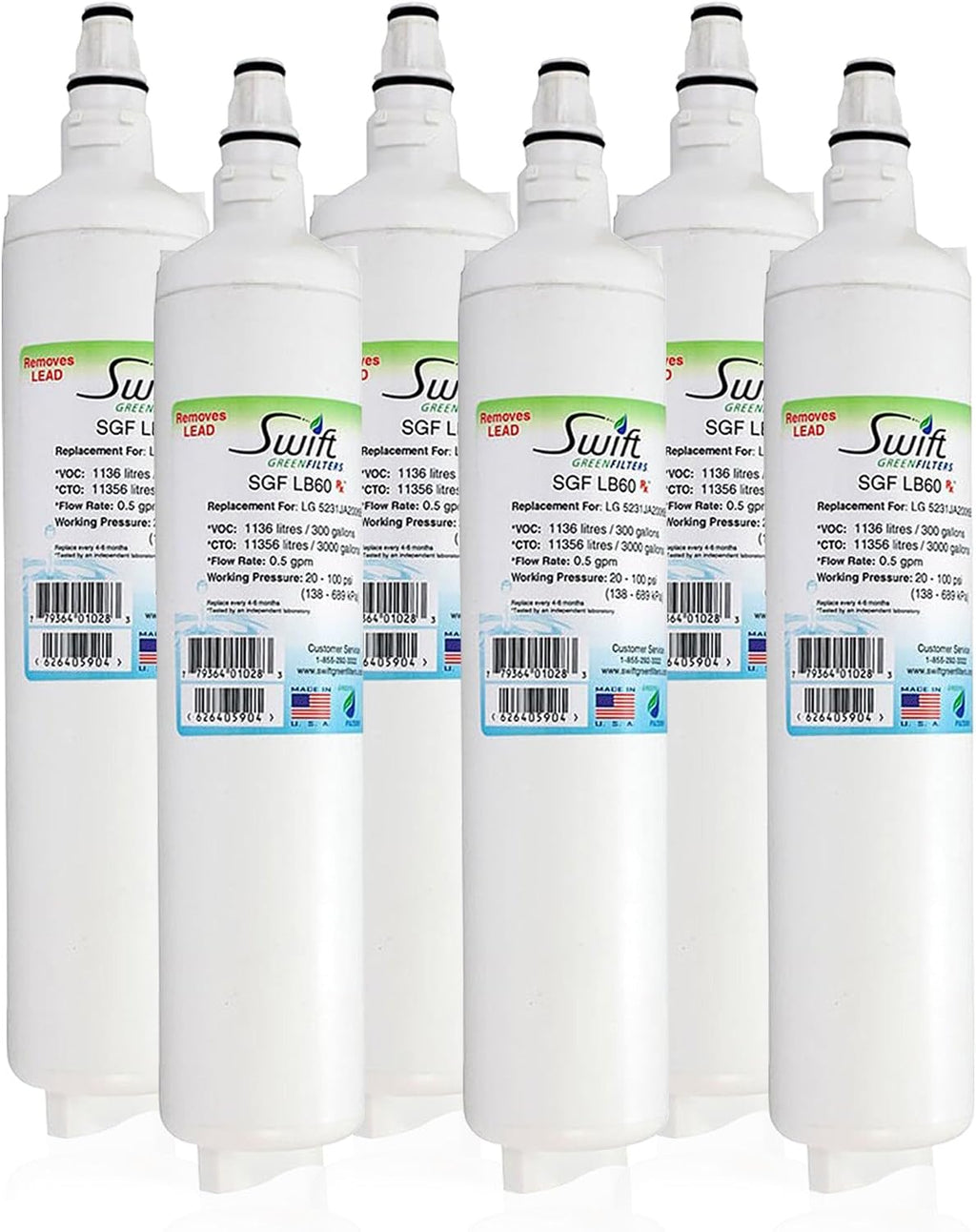Swift Green Filters SGF-LB60 Rx Compatible Refrigerator Water Filter for LT600P, 5231JA2006A and 46-9990, Made in USA (6 Pack)