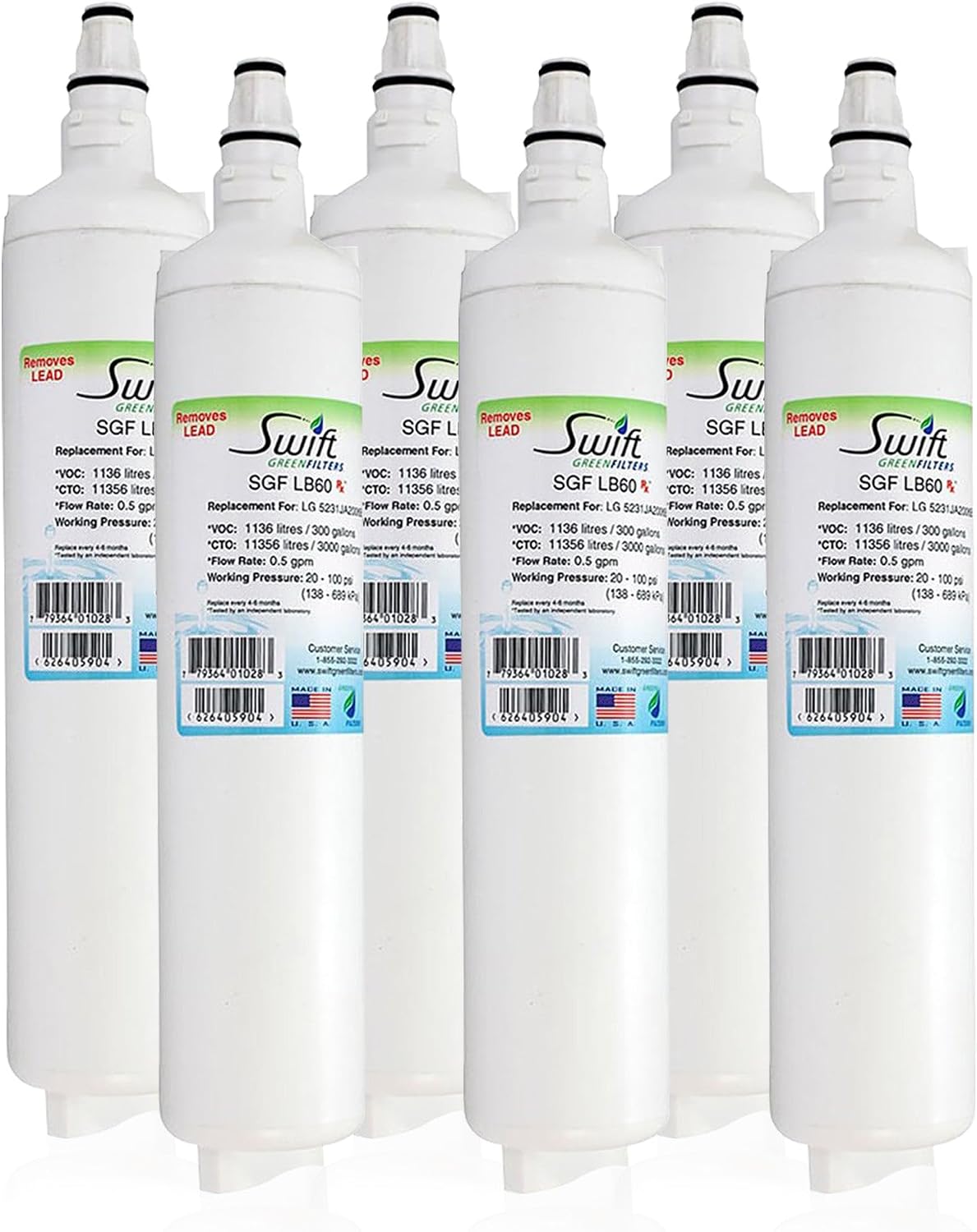 Swift Green Filters SGF-LB60 Rx Compatible Refrigerator Water Filter for LT600P, 5231JA2006A and 46-9990, Made in USA (6 Pack)