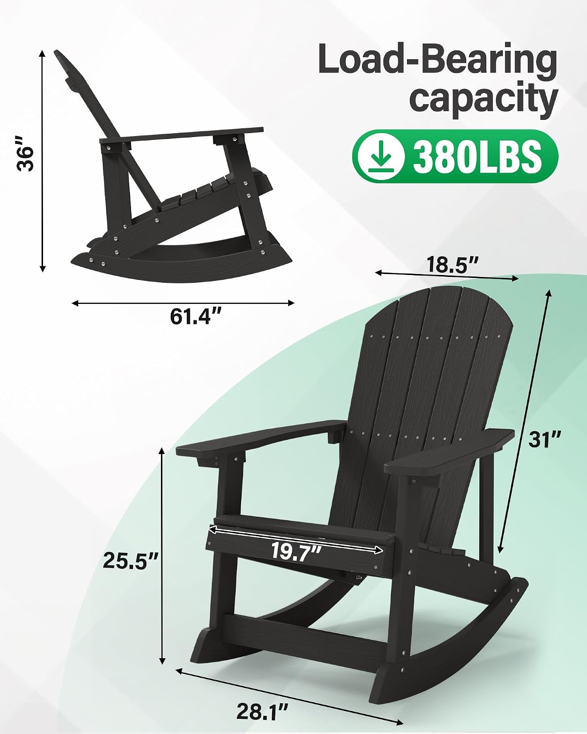 YEFU Outdoor Rocking Chair,Adirondack Rocking Chair,Patio Rocker Chair with Wide Back,Oversized Rocker Chair Look Like Real Wood, for Lawn, Porch, Backyard, Indoor and Garden(Black)