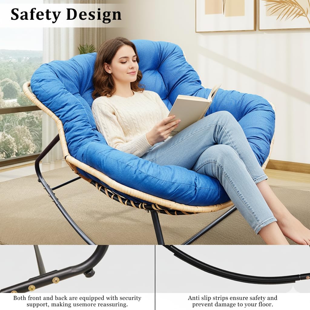 Rocking Papasan Chair Outdoor/Indoor, Rattan Wicker Lounge Rocker Egg Chair with Thick Cushion, Alloy Frame & Anti-Tip Wide Base for Patio, Living Room, Bedroom, Royal Blue