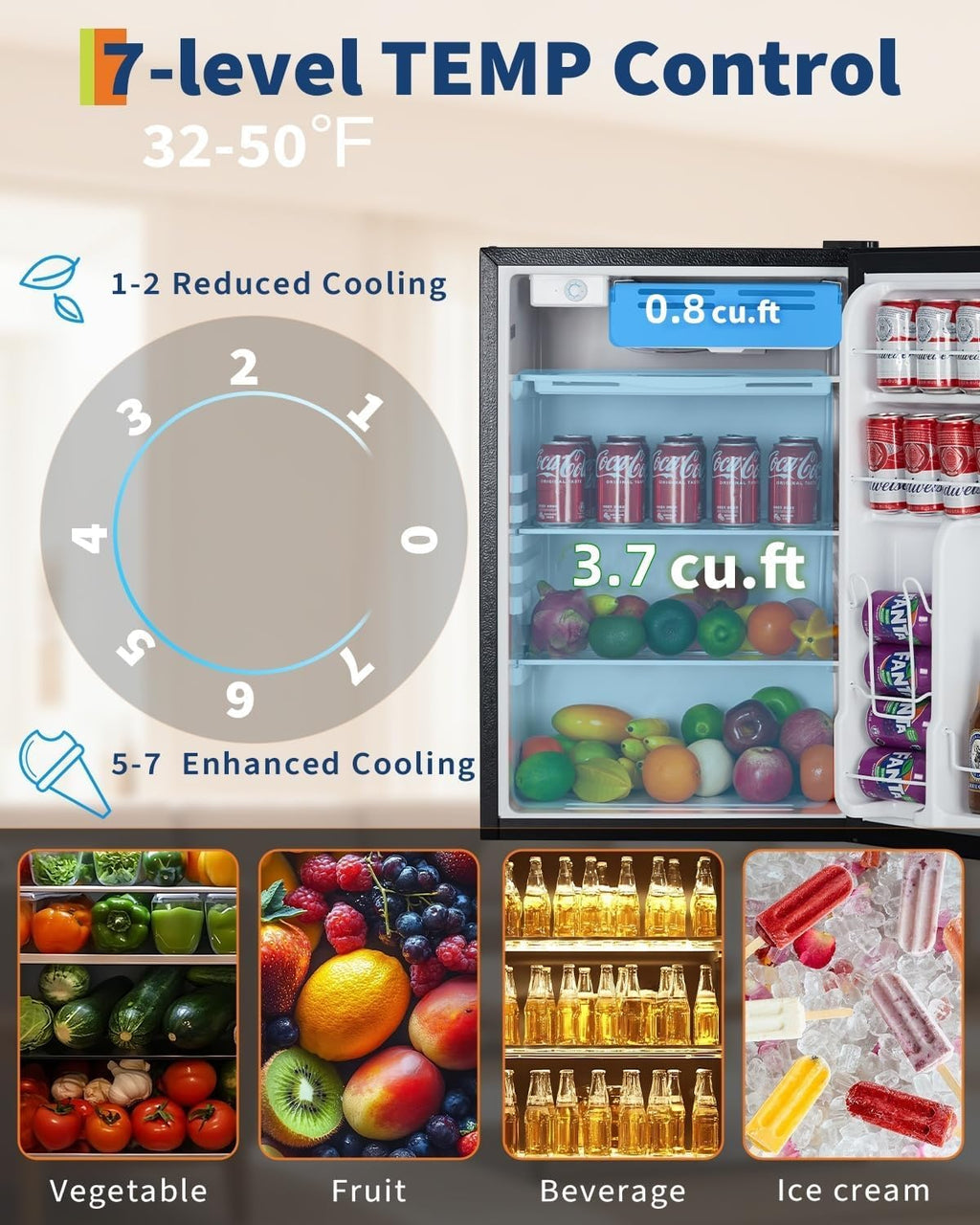 Garvee 4.5 Cu.Ft Mini Fridge with Freezer, Low Noise< 38dB, Compact Refrigerator w/Reversible Door, Adjustable Thermostat, Energy-Efficient Small Fridge for Bedroom, Office, Dorm