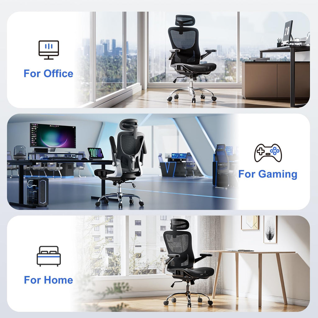 marrap Ergonomic Office Chair, Mesh Seat Cushion with 3D Armrests and 3D Headrest, Adjustable Lumbar Support with 90-120° Rocking Function for Home Office, Black
