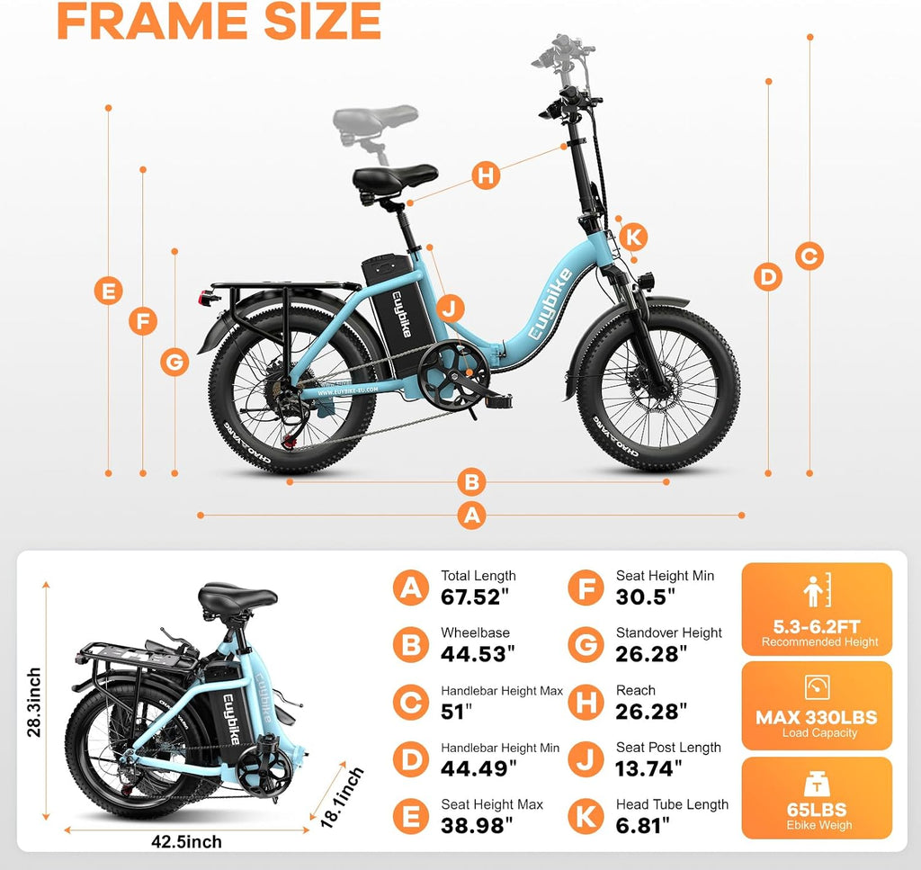 Auloor Foldable Electric Bike for Adults, Peak 1000W Brushless Motor 70Miles City Commuter Ebike, 48V 20AH Lithium Battery, 20' Fat Tire 7-Speed E-Bicycle with Front Suspension Colourful LCD Display