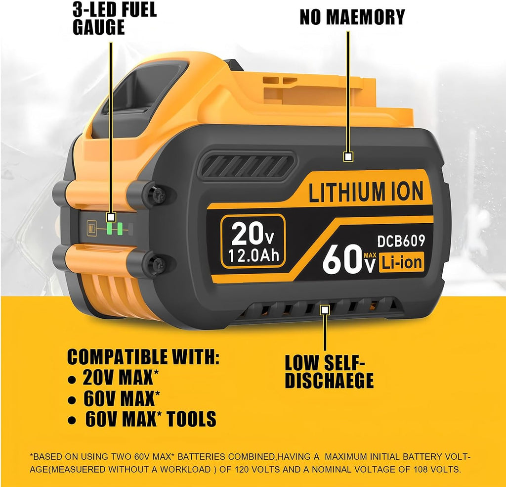 4Packs Replace for DeWalt Flex 20V/60V Volt12000mAh Lithium Battery Compatible with DCB606 DCB612 DCB606-2 DCB609 DCB609-2 DCB204 DCB205 DCB206 Cordless Power Tools (4PACK 12.0AH)