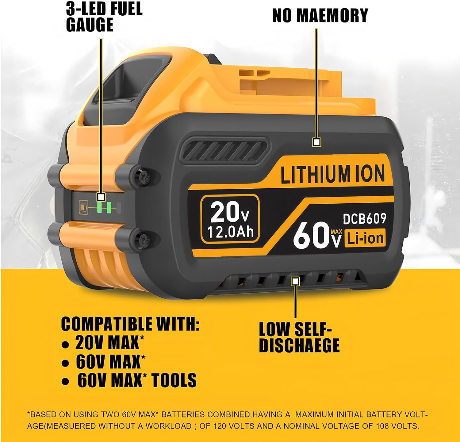 2Packs Replace for DeWalt Flex 20V/60V 12000mAh Lithium Battery Compatible with DCB606 DCB612 DCB606-2 DCB609 DCB609-2 DCB204 DCB205 DCB206 Cordless Power Tools (2PACK 12.0AH)