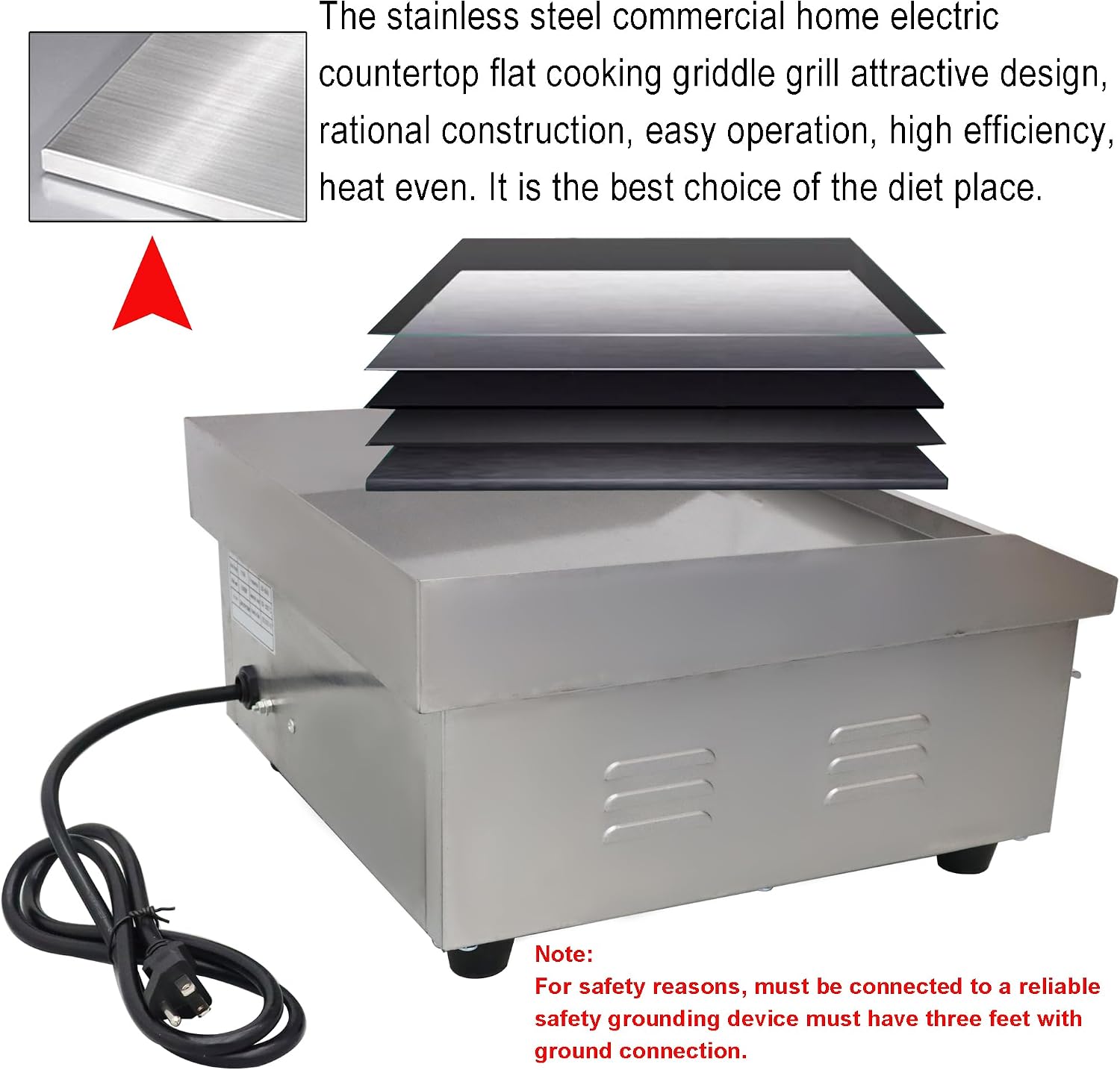Electric Grill Griddle Camp Flat Cooking Griddle Grill Top Grill Hot Plate Stove Compact Stainless Steel Grill BBQ Plate Grill For Outdoor or Indoor 110V 14.17 * 11.81in Heating Size