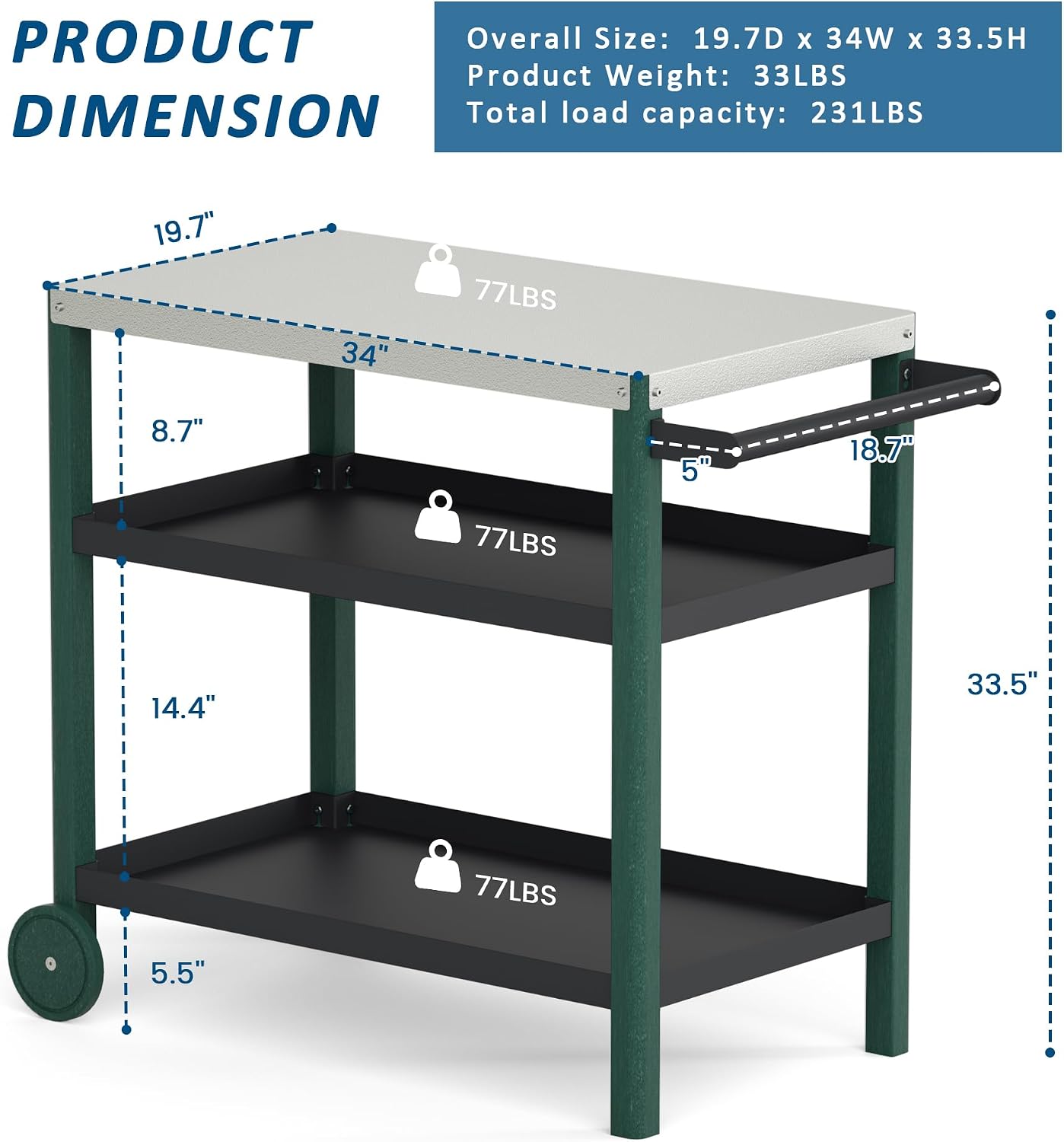 TORVA Outdoor Prep Grill Cart with Passivation Tabletop, High Hardness Scratch Wear Resistant Rolling Grill Cart, Easy to Clean&Durable HDPE Material, 3-Tier Large Storage BBQ, Black Green