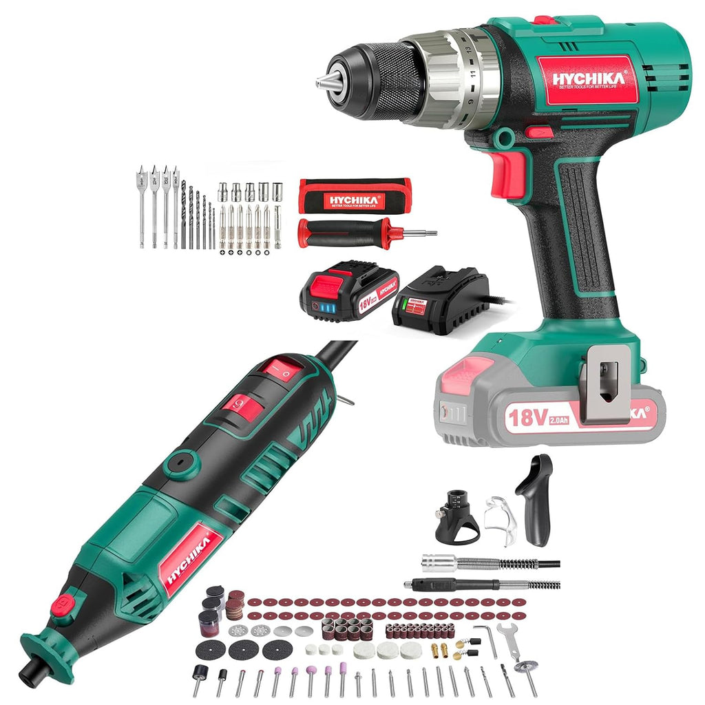 HYCHIKA Cordless Hammer Drill Driver 18V,180W Rotary Tool,2-Tool Power Tool Set Combo Kit