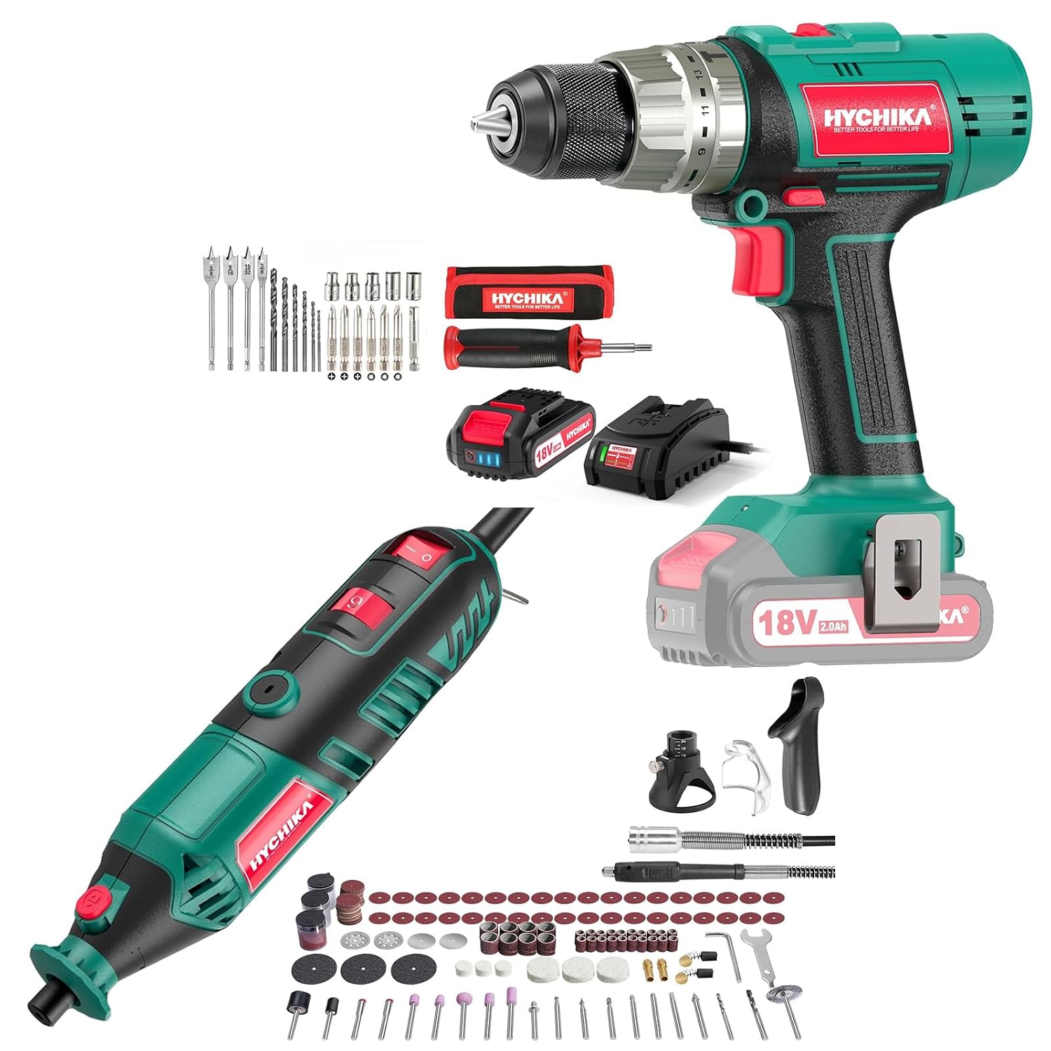 HYCHIKA Cordless Hammer Drill Driver 18V,180W Rotary Tool,2-Tool Power Tool Set Combo Kit