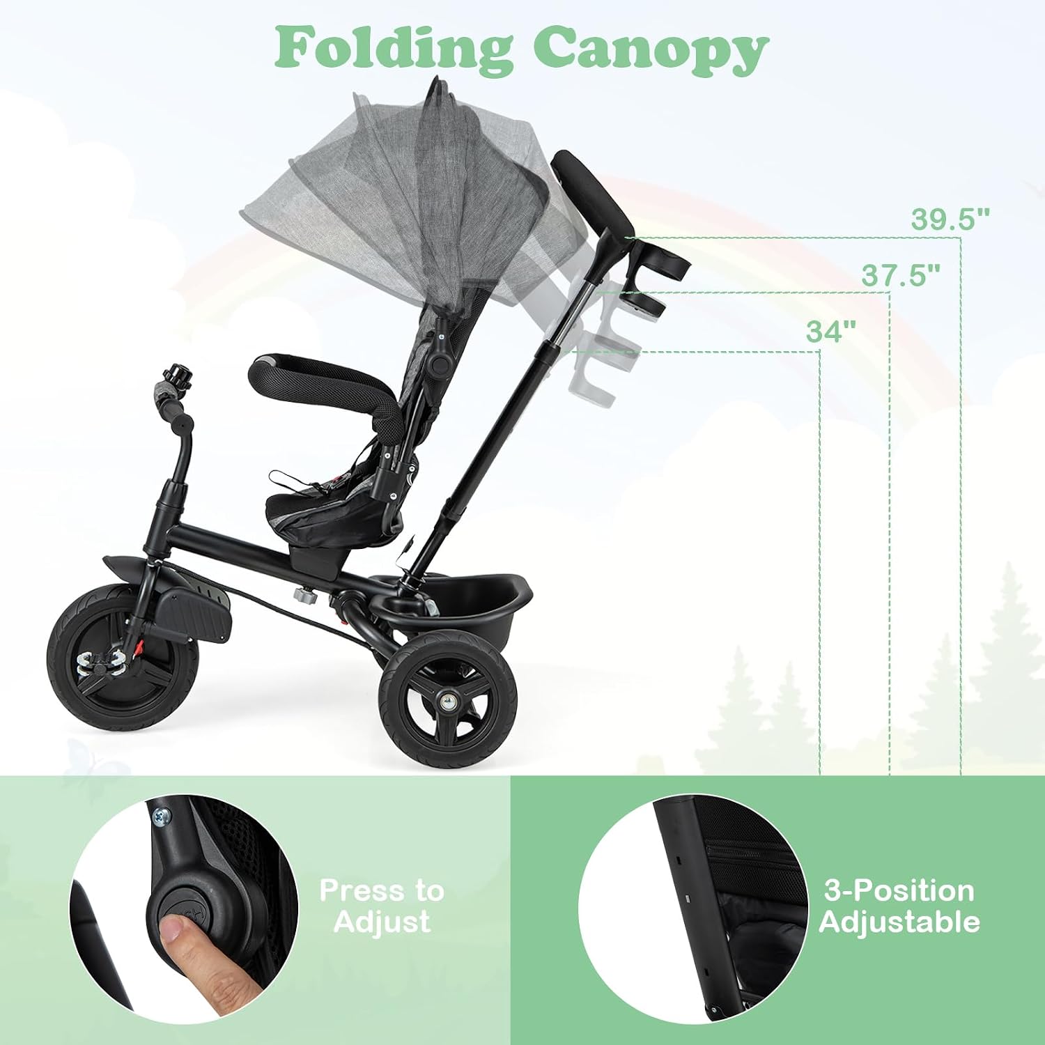HONEY JOY Tricycle, 6 in 1 Kids Trike Stroller w/Adjustable Push Handle & Canopy, Reversible Seat, Safety Belt, Folding Pedal, Cup Holder, Storage, Push Tricycle for Toddlers 9 Months-5 Years (Gray)