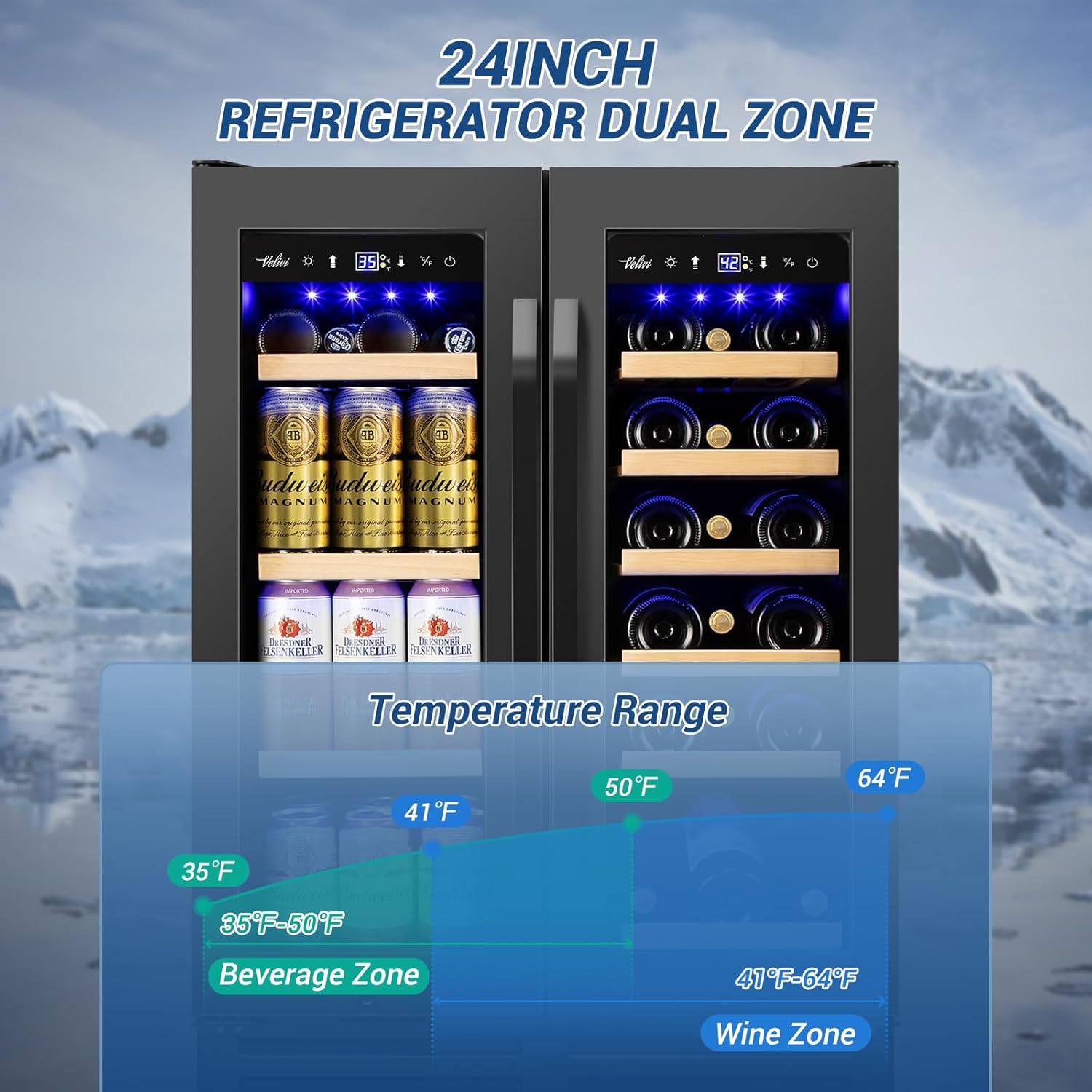 Wine and Beverage Refrigerator Black, 24 Inch Beverage Cooler Under Counter Dual Zone with Glass Door&Lock, 18 Bottles and 68 Cans Large Capacity for Beer Soda Drink, Built-In or Freestanding Fridge