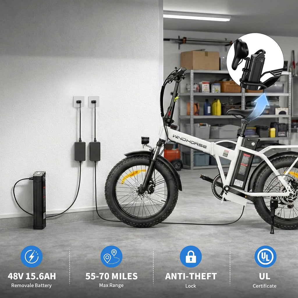Foldable Electric Bike, Peak 983W Motor Ebike, 40-70 Miles & 20 MPH, 48V Removable Battery, 20' Fat Tire All-Terrain Electric Bicycle for Adults with 7-Speed, Suspension, Rear Rack, UL2849 Certified