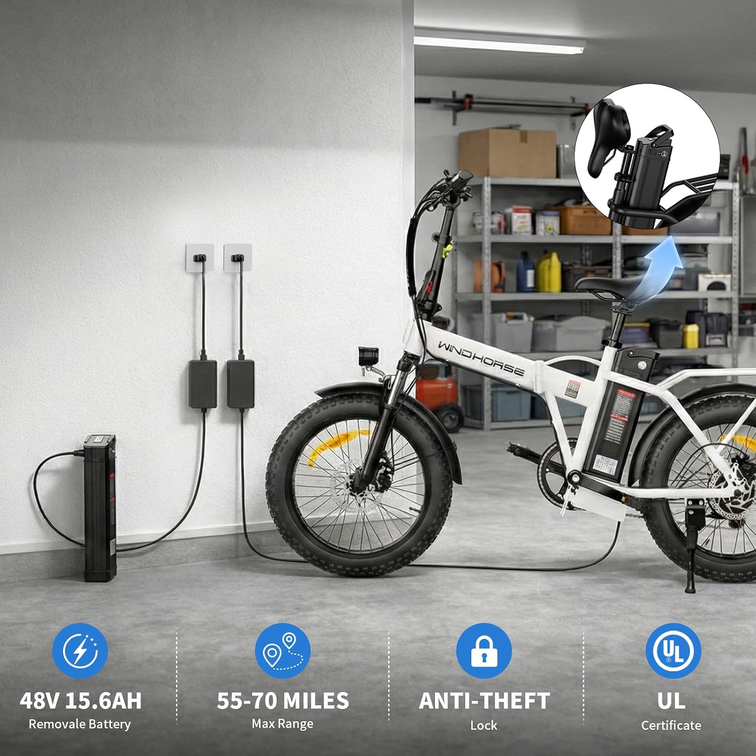 Foldable Electric Bike, Peak 983W Motor Ebike, 40-70 Miles & 20 MPH, 48V Removable Battery, 20' Fat Tire All-Terrain Electric Bicycle for Adults with 7-Speed, Suspension, Rear Rack, UL2849 Certified