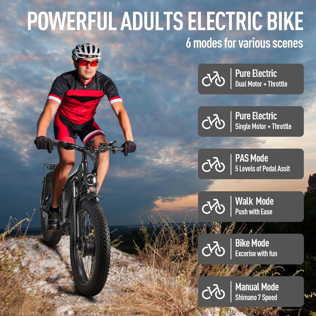 Peak-9000W-Dual-Motor-Ebike Adults Men, 52V 34Ah 1768Wh Battery,24' x 4.0' Fat-Tire- Electric-Mountain-Bicycle 47MPH Full-Lockable-Suspension-Ebike 105 Miles Range Hydraulic Disc Brake