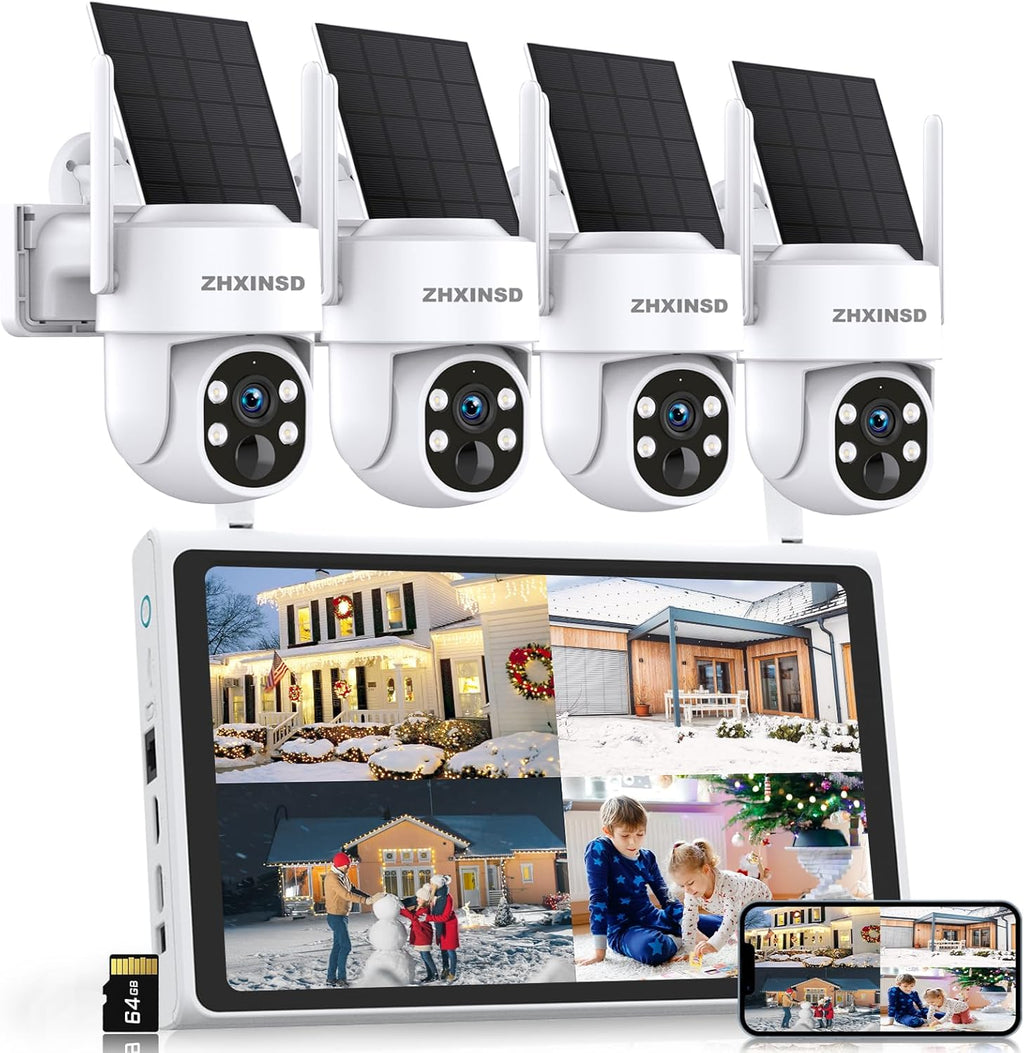 Solar Security Cameras Wireless Outdoor, 4MP FHD Battery Powered Home Security Camera System with 10' Monitor, 4-Cam kit, 360° View, Full Color Night Vision, Motion Detection, Work with Alexa