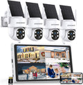 Solar Security Cameras Wireless Outdoor, 4MP FHD Battery Powered Home Security Camera System with 10' Monitor, 4-Cam kit, 360° View, Full Color Night Vision, Motion Detection, Work with Alexa