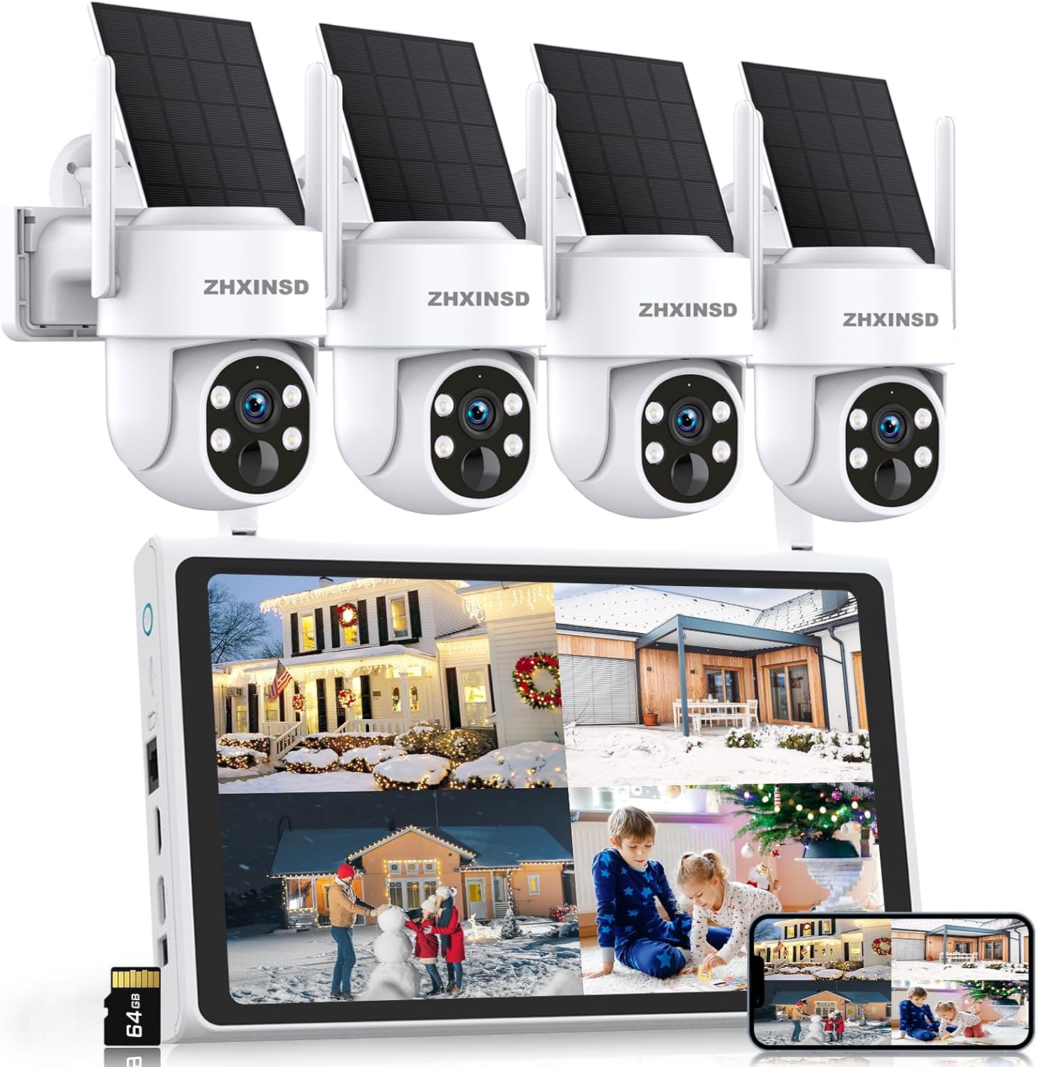 Solar Security Cameras Wireless Outdoor, 4MP FHD Battery Powered Home Security Camera System with 10' Monitor, 4-Cam kit, 360° View, Full Color Night Vision, Motion Detection, Work with Alexa