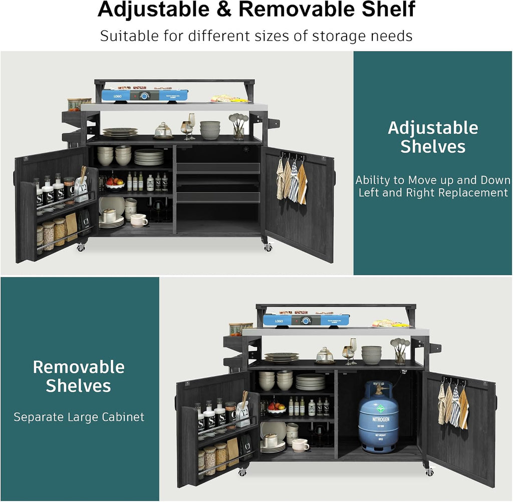 Unique 53.3' Outdoor Kitchen Island with Raised Shelf,Solid Wood Storage Cabinet with Stainless Steel Top,Rolling Grill Cart with Internal Storage Rack, Adjustable Shelf, Spice Rack (Black#e)