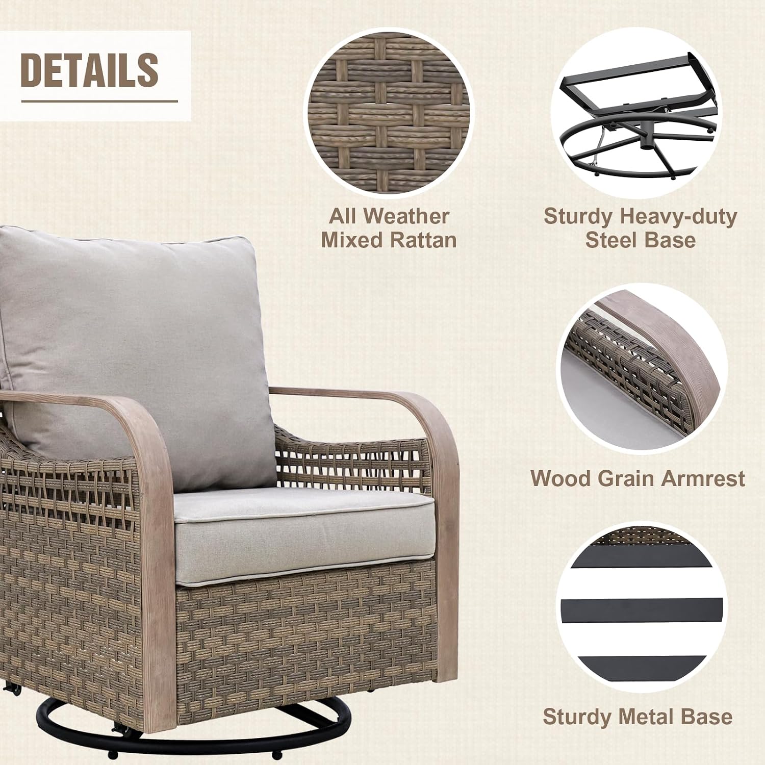 Modern Wicker Outdoor Swivel Rocking Chair, Rattan Glider Rocker with Streamlined Armrest, 2 Piece Patio Chairs for Backyard, Deck, Porch, Garden, Brown/Gray