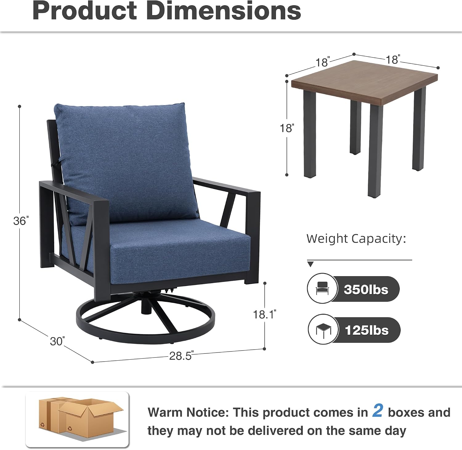 Outdoor Patio Swivel Rocking Chairs Set, Patio Porch Furniture with 6' Thick Cushions, 3 Pieces Outdoor Bistro Set with Coffee Table for Balcony, 350lbs, Blue